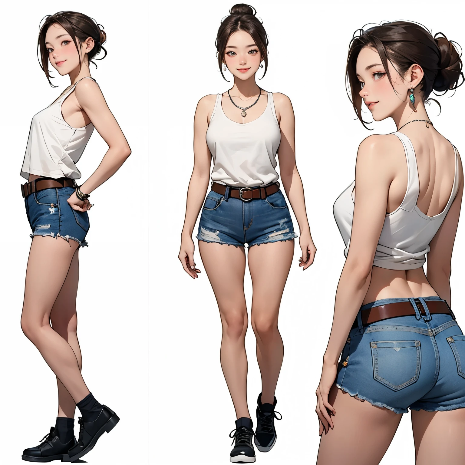 same character reference sheet,masterpiece,Ultra-detailed,perfect face,bloom,20years old,(A very pretty Japanese girl standing straight),arms at sides,straight-on,wide stance,facing forward,square face,round jaw,happy smile,(cute almond eyes:1.2),(very short stature:1.2),(massive muscular body),medium breasts,beautiful black skin,laced black tank-top,denim shorts,thick belt,shoes),hair bun,light-brown hair,necklace,earrings,happy,smile,Full body, (simple white background),(front view,back view,close-up face view,from a distance),perfect anatomy,simple background,