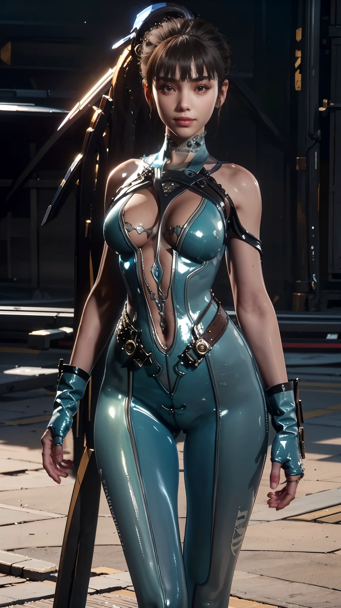 a beautiful young woman with long brown hair, Eve (Stellar Blade), wearing a tight underboob t-shirt and latex leggings, flaunting her perfect hourglass figure, slim waist, sexy curves, beautiful smile, 8k, ultra-detailed, realistic, photorealistic, masterpiece, vivid colors, studio lighting, physically-based rendering