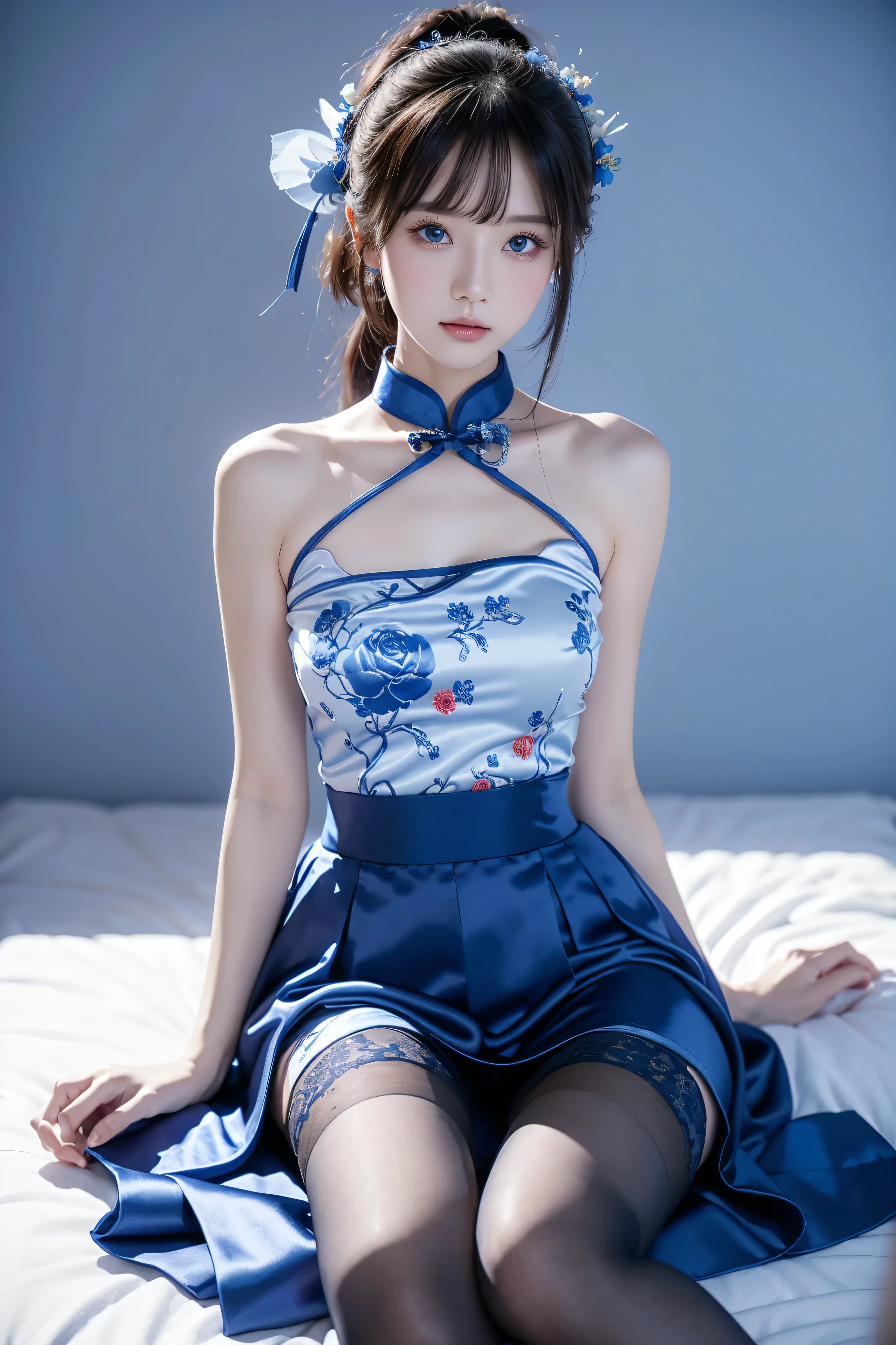 Cheongsam, 1 girl, blue bow, blue eyes, blue flowers, blue ribbon, blue rose, chest, Chinese clothing, Chinese clothing, dress, flower, gradient, gradient background, embroidered ball flower, looking at the audience, small chest, pantyhose, rose, single, thigh pantyhose, Chinese paper fan with painting on it,