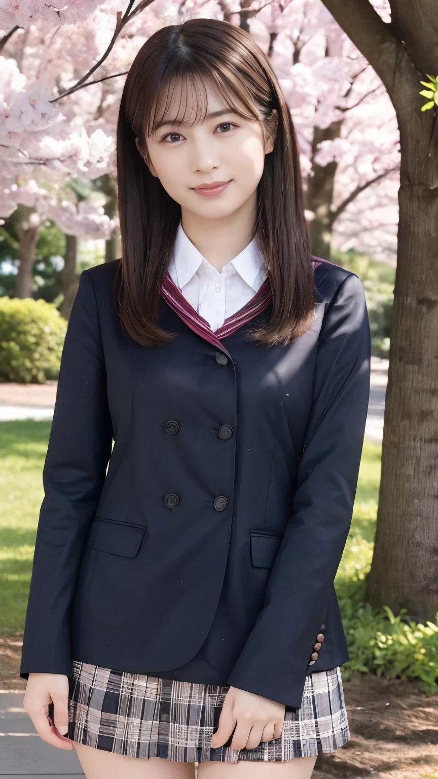  Real 8K high quality image   、  Large cherry blossom trees line up on both sides for a long time、  cute high school girl with big boobs 、In a super miniskirt and a cute uniform、Model body type that is not muscular、Big Saggy Breasts 、Beautiful white ripe skin  、 apply light makeup 、   Detailed Fingers 、