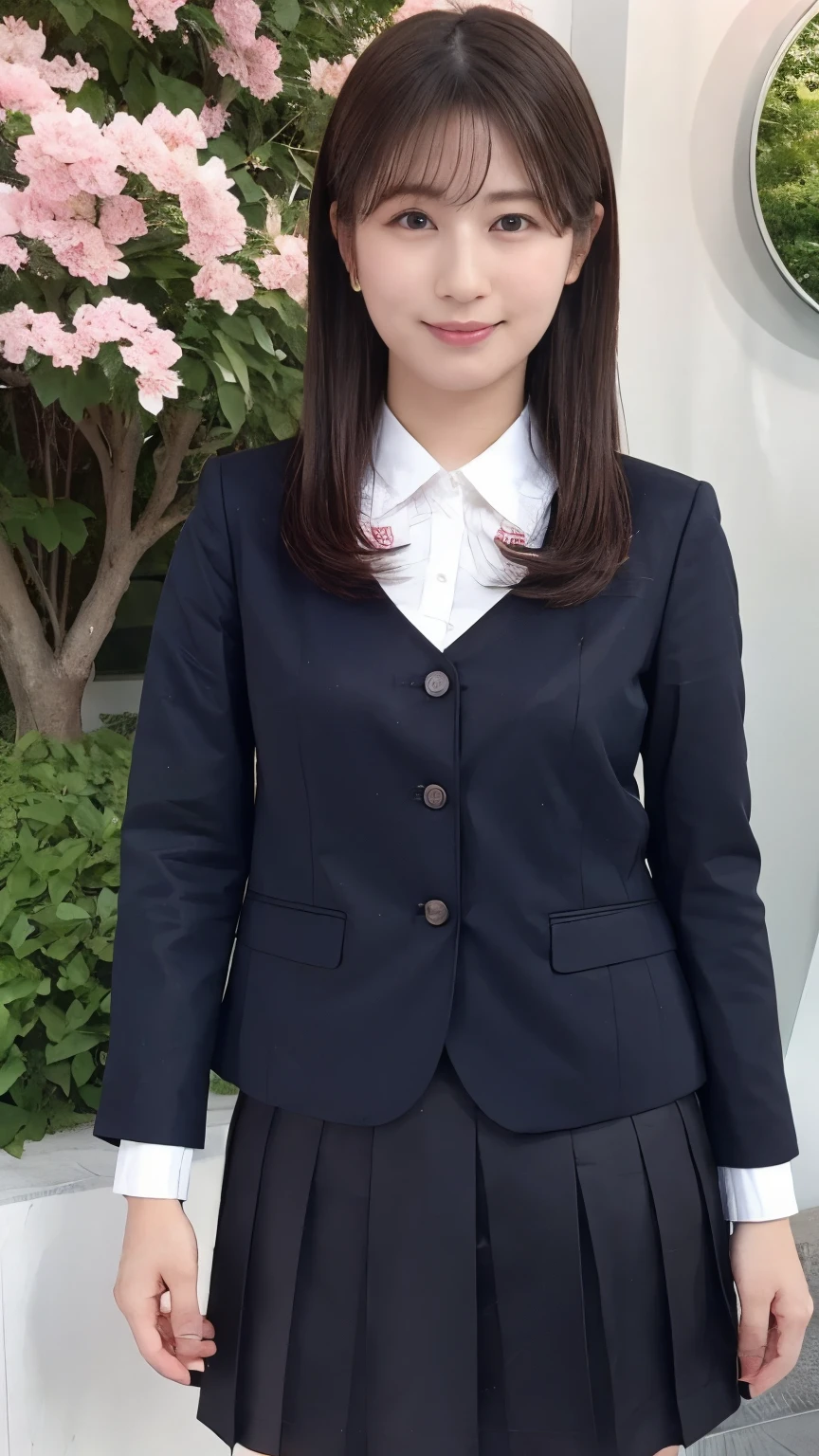 Real 8K high quality image 、 Large cherry blossom trees line up on both sides for a long time、 cute high school girl with big boobs 、In a super miniskirt and a cute uniform、Model body type that is not muscular、Big Saggy Breasts 、Beautiful white ripe skin 、 apply light makeup 、 Detailed Fingers 、