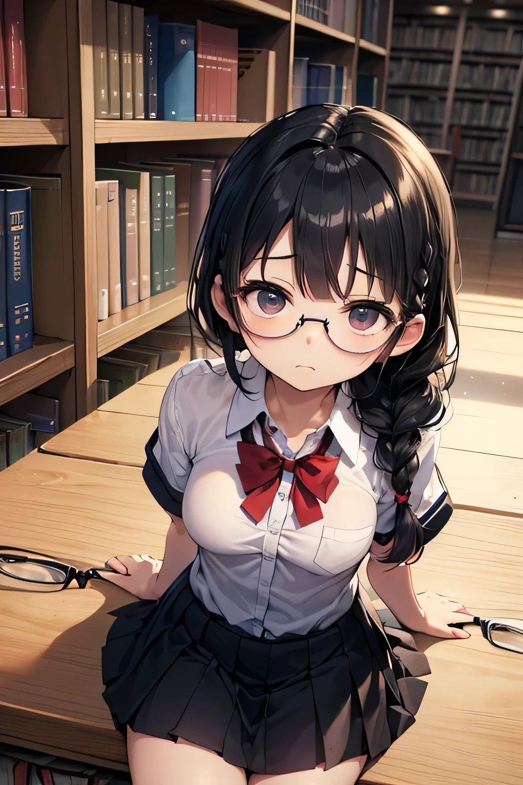 lighting like a movie、top-quality、Wearing sweat、full of sweat、School Library、Slender Line、Black sailor suit、A dark-haired、Black-rimmed glasses、Get on all fours with your buttocks facing、perfect buttocks、nice butt、embarrassed from、surrounded by books、natta、Wearing small red panties、a miniskirt、