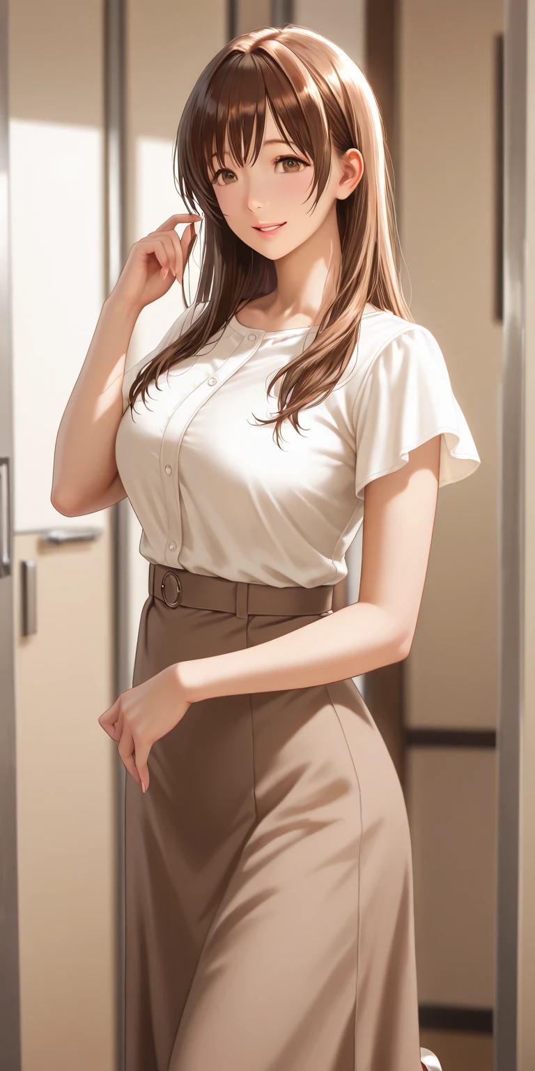 ((Masterpiece, Best Quality, highest resolution, Perfect Pixel, 4K))), 1girl, Single, Solo, Beauty, full body shot, back shot, ((Medium long hair, Brown hair)), ((Brown-eyed, Beautiful eyelashes, Realistic eyes)), ((Detailed face, cute face, Blushing:1.2)), ((Smooth texture:0.75, Realistic texture:0.65, Photorealistic:1.1)), (medium breasts, Dynamic Angle, Skinny body), (( bowtie, School uniform, White blouse, See through:0.3, school uniform skirt, pleated skirts)), inside locker room, Looking up from the bottom, Very embarrassing smile, looking back, (The wind flipped skirt and exposed buttocks, Touching the buttocks with both hands, lace panties)