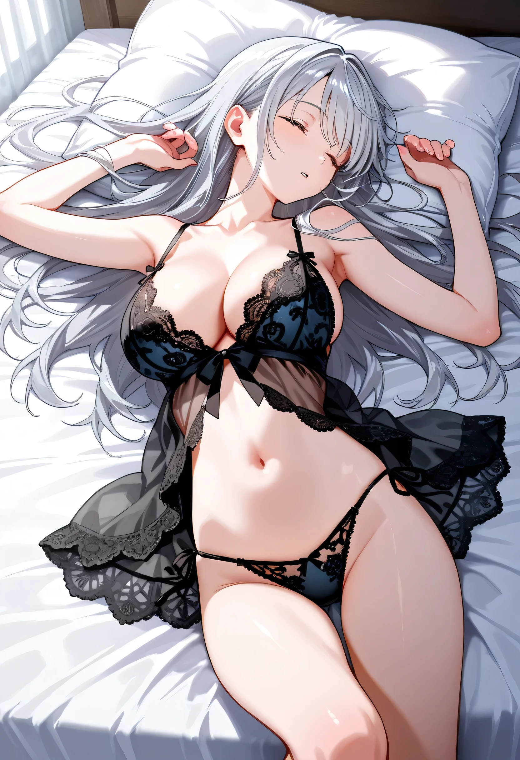 ((Browsing Caution:1.4, masterpiece, Highest quality, High resolution, 超High resolution, Pixel perfect, Written boundary depth, 4K, RTTX10.0, High resolution))), One Girl, single, alone, she, Beautiful Anime Girls, Beautiful art style, Anime characters, (((((Mid-length hair、Silver Hair、lure))))), ((Beautiful eyelashes)), ((Detailed face, Blushing:1.2)), ((Smooth texture:0.75, Realistic texture:0.5, Anime CG Style)), ((Beautiful and large breasts, Cleavage)), indoor, Bedroom, Dynamic Angle, Big Breasts, Perfect body, Underarm, ((Sleeping in bed, (Sleep on your back:1.5), sleepy, close your eyes, Lying in bed, Sleeping posture, Wake up)), ((close, throw, cute, Shoot the body, Sighing expression)), ((black bra color, Black Lingerie)), (Natural light, Reflection of light, Morning Scenery), Embarrassed expression, (Expression of sexual pleasure:1.8), (Expression of unbearable pain:1.2), The expression of someone who is holding back from going to the toilet, twist, Raise your hand