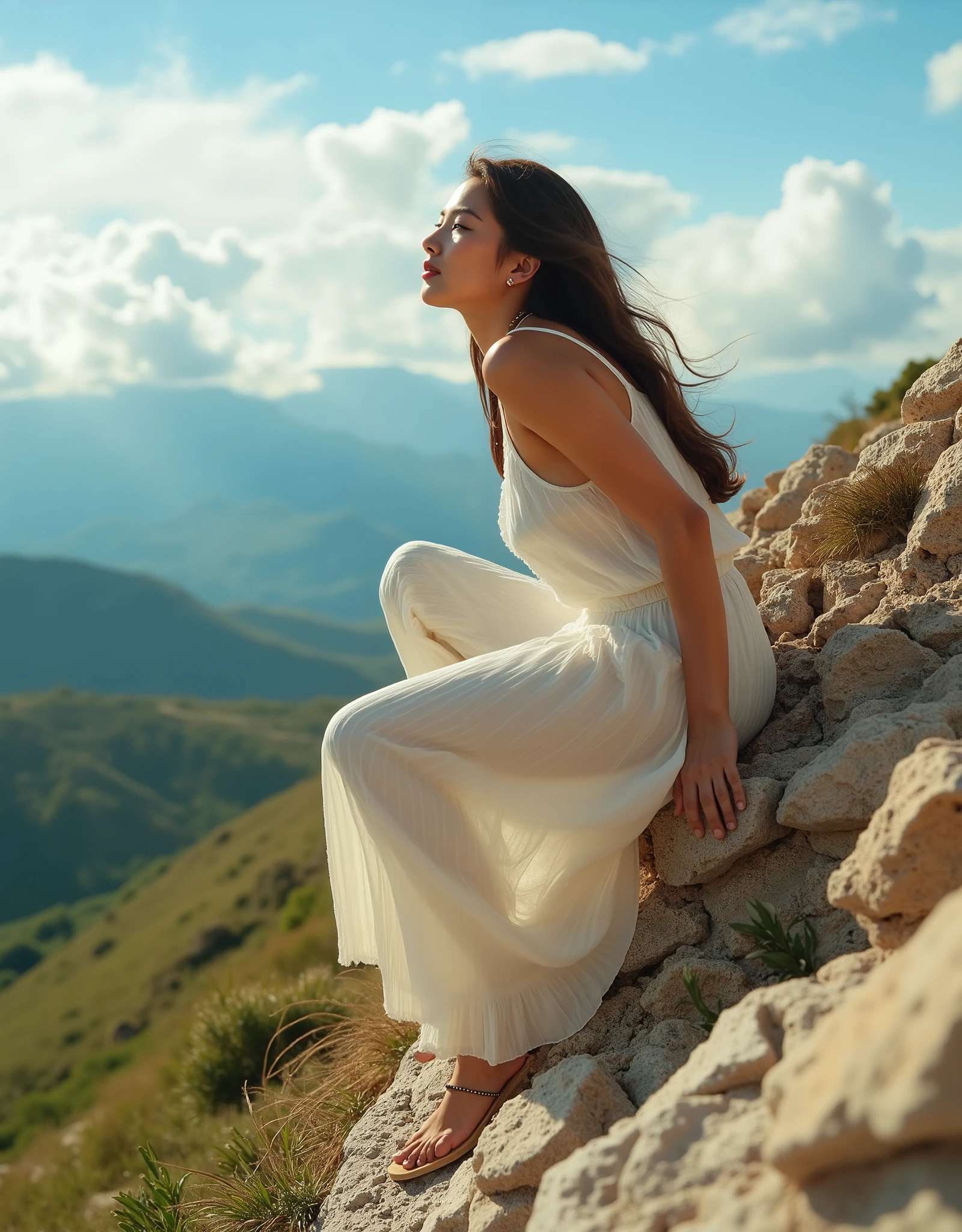  
A professional photograph of an 18-year-old girl with an athletic yet delicate physique, fair skin, and long, flowing brown hair gently tousled by the wind. She has almond-shaped brown eyes and a soft, radiant smile. She is wearing a long, flowing, semi-transparent white dress made of lightweight fabric that subtly moves with the breeze. Her feet are adorned with simple, elegant sandals. She is posed in a dynamic stance, climbing a rocky hill with one knee bent and her hand gripping the rough stone for support, looking upwards with an expression of serenity and determination. The background features a breathtaking natural landscape with rolling green hills and a deep blue sky scattered with soft, wispy clouds. The scene is bathed in warm natural light, casting a golden glow on her skin and subtly enhancing the textures of the rocks and fabric. The color palette is vibrant yet natural, with the deep blue sky contrasting against the lush greenery and the neutral tones of her dress. The lighting is bright and well-balanced, emphasizing depth and realism without harsh shadows. The photograph captures a moment of adventure and elegance, blending elements of nature, fashion, and portrait photography in a hyper-realistic masterpiece.