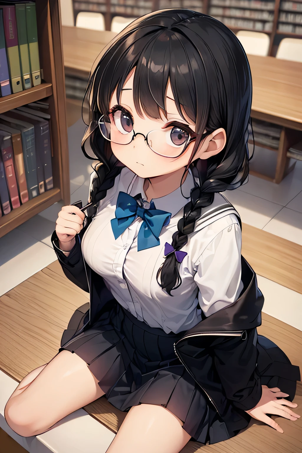 ((((Petite:1.5)))),,(black hair:1.5),(braid hair:1.5),(big breasts),,(shyness:1.5),
(school library:1.5),(wear glasses:1.5)