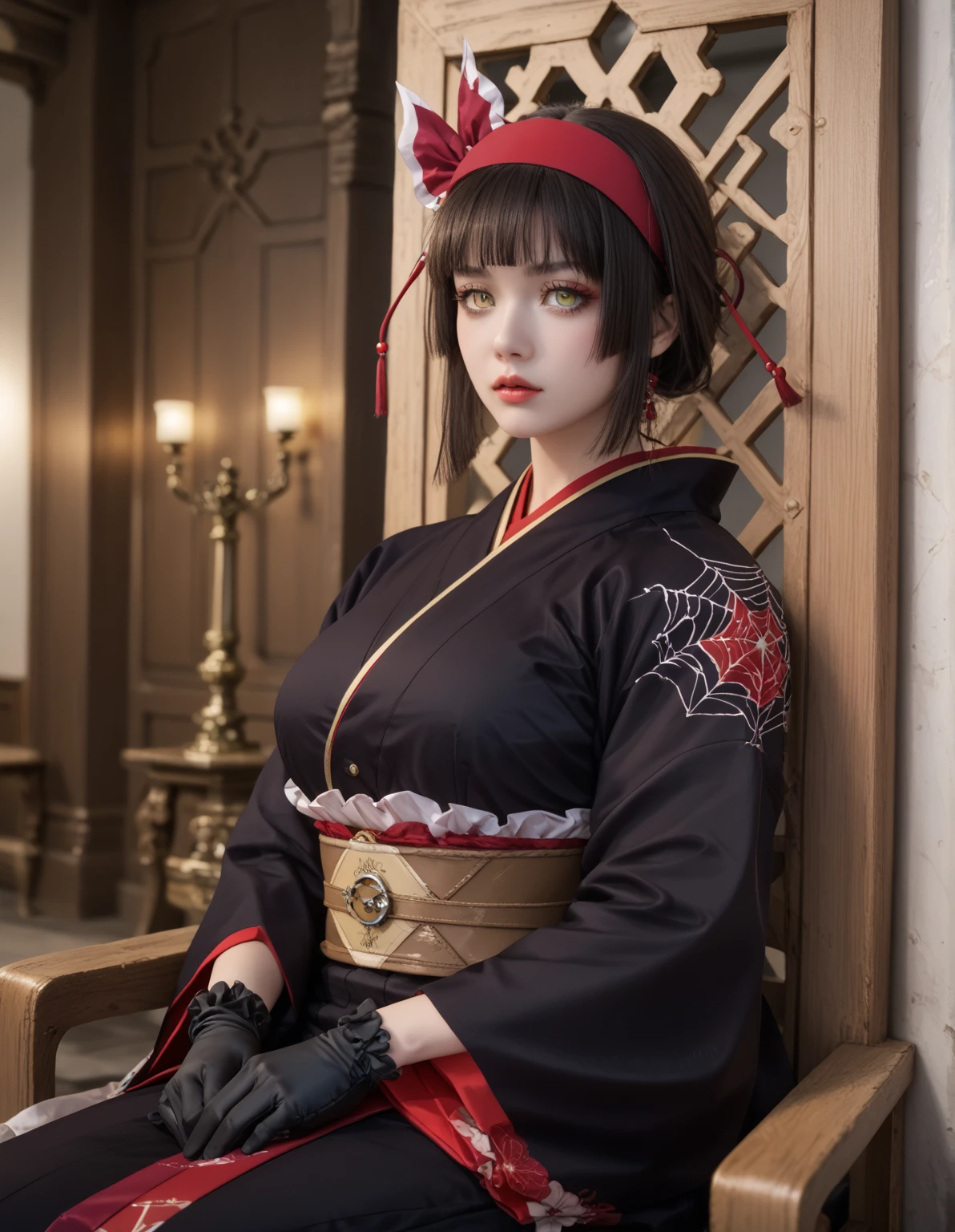 Score_PnyReal,BREAK,1girl, solo, (huge breasts,large breasts:1.2), headband,kimono,obi,gloves ,tsukimio,yellow eyes,black hair,1girl in full growth, , sitting high on a throne, regal expression, long elegant hair, tasteful makeup,