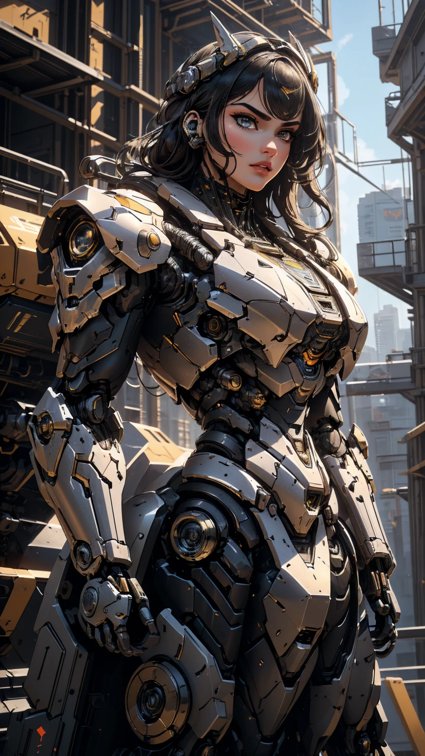 Mechanical warrior, Armored combat suit , detailed mechanical design , brilliant engineering work of art, beautiful , detailed eyes , beautiful , detailed lips , Extremely detailed eyes and face , ( better quality,4K,8 k, high resolution, Masterpiece :1.2), ultra-detailed , ( realistic,photo realistic,photo- realistic:1.37), futuristic combat , cutting-edge technology , futuristic weapon, Powerful Stand, metal armor , strong mechanical aesthetics , high-tech warfare , titanium alloy structure .