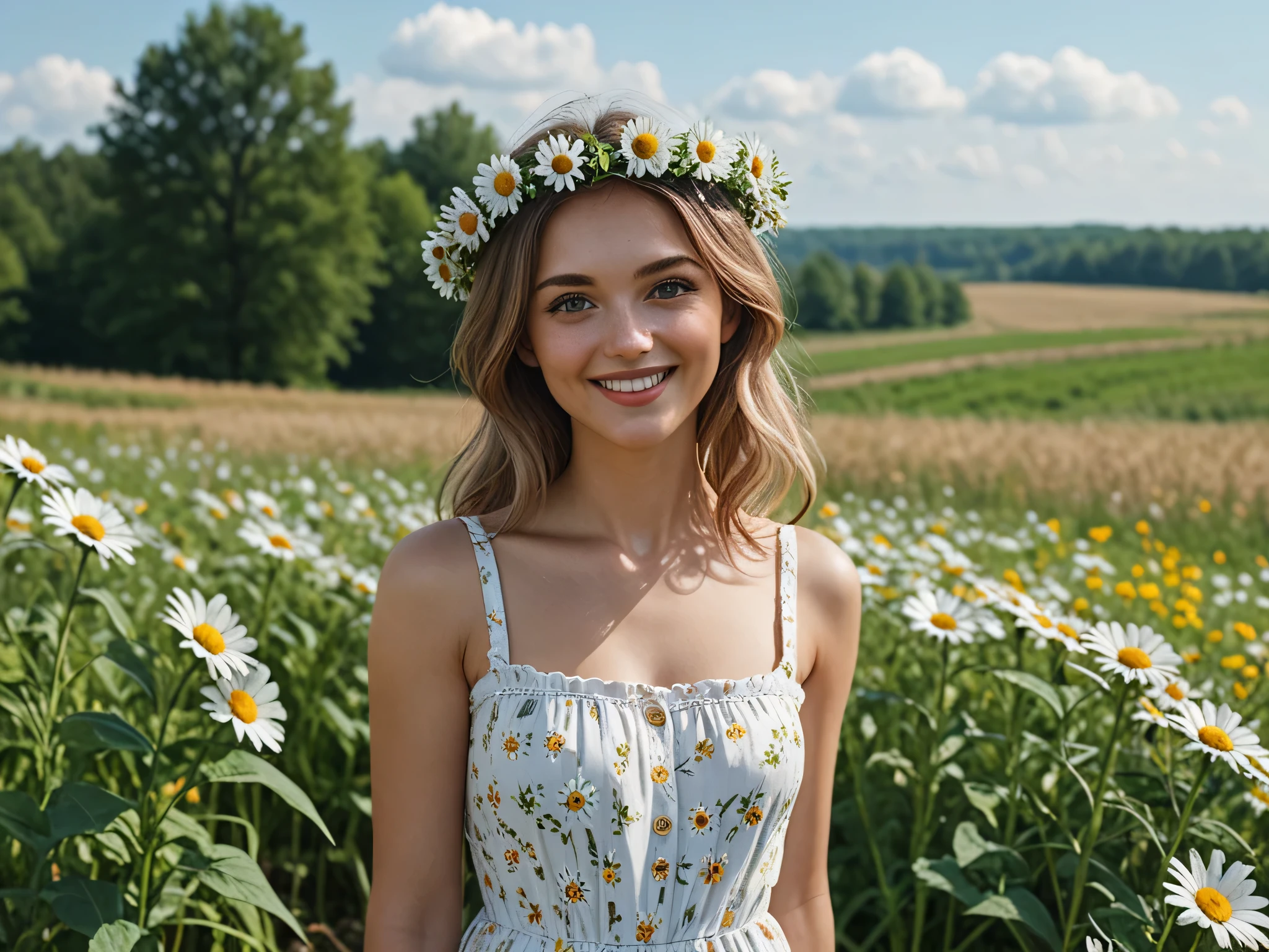 Girl up to the waist, Russian face type with a bark hairstyle in a sundress , against the background of a field with small daisies with a wreath of small cornflowers in her hair, He stands half a turn looking at us with a slight half-smile, shot with a Sony Cyber-Shot DSC-RX10M4 camera in portrait settings
