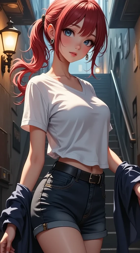 (masterpiece) , (best quality) , (8k wallpaper) , (detailed eyes) , (detailed illustration) , photorealistic , perfect anatomy , cinematic lighting , shading , ranma1/2, ranma-chan, boyish face, super detailed skin , Thick , fat , thick thighs , big breasts , big ass , beautiful detailed eyes, blue eyes, slant eyes, best quality, ultra-detailed, (illustration), ultra-detailed, looking at not viewer, (extremely delicate eyes:1.3), (red hair) , short hair , (ponytail) , (((braid))) , ((bangs)) , bumpy bangs , white T-shirt , (extremely detailed top) , (sports bra under T-shirt) , denim Hotpants , (extremely detailed) , black-wristbands , soaking wet, bra stands out, blush face , embarrassing face , vibrant colour , shadow, contrast, refraction, perspective, depth, good anatomy, stunning details , heavy rain , evening town , soaking wet , bra stands out ,