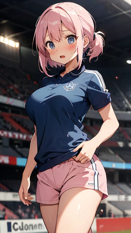 (Best Quality, High Resolutions, Ultra Detailed, Realistic:1.37), Portrait, Waifu, Footballer, Sexy, Hyper Sexual, Futebol, Athletic, Fit Body, Strong Legs, Intense Expression, Dynamic Pose, Vivid Colors, Studio Lighting, Black Style, Flawless Skin, Sweat Beads, Shiny Hair, Shorts, Fitted Jersey, Sports Shoes, Football stadium, Passionate Crowd, Sharp Focus, Physically Based Representation, Bokeh, High Contrast,  Lights and shadows