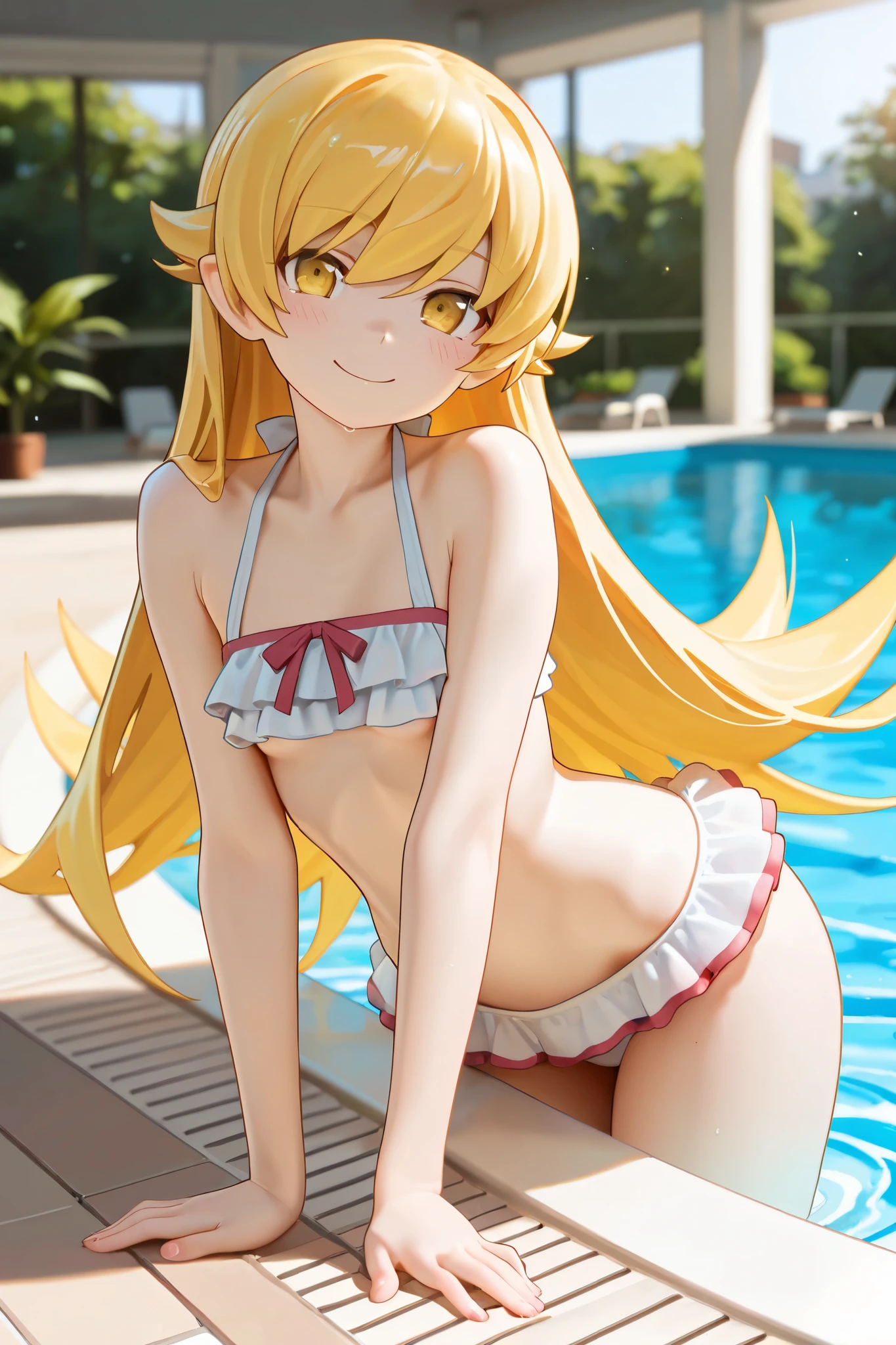 (masterpiece:1.2), best quality, extremely detailed illustration, anime coloring, (fate testarossa, red eye, long twintails, blonde hair, , short stature:1.4, small breast, solo,), black ribbon, school swimsuit, white sandals, standing, no bra, (breast open clothes:1.4), (transparent clothes:1.4), nipple, pussy, embarrassed, open mouth, angry, swimming pool,