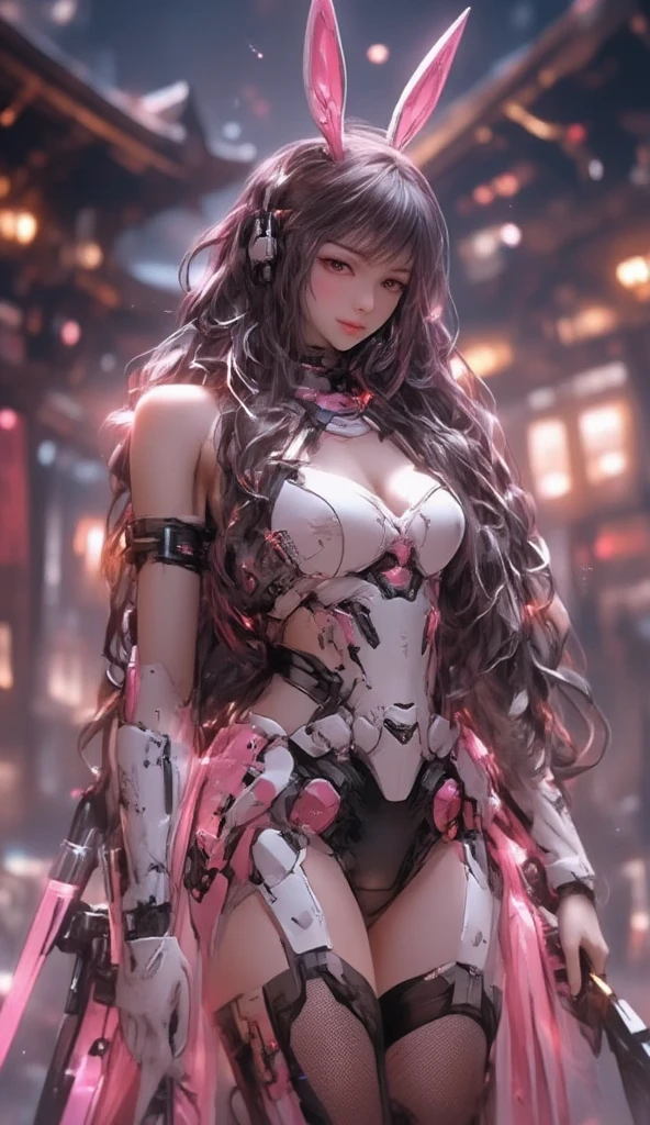 ((Best Quality)), ((Masterpiece)), (Detail: 1.4), 3D, Beautiful Cyberpunk Female Image, HDR (High Dynamic Range), Ray Tracing, NVIDIA RTX, Super Resolution, Unreal 5, Subsurface Scattering, PBR Texture, Post-Processing, Anisotropic Filtering, Depth of Field, Maximum Sharpness and Sharpness, Multi-layer Texture, Albedo and Highlight Mapping, Surface Coloring, Mitsu-Accurate Simulation of Material Interactions, Perfect Proportions, Octane Rendering, Two-color Light, Large Aperture, Low ISO, white balance, regular three-point, 8K RAW, beautiful bright pupils, flowing robes, fine pupils, delicate face and eyes, long eyelashes, blush, fluffy hair, pink lips, pure, cute, cherry blossom petals falling