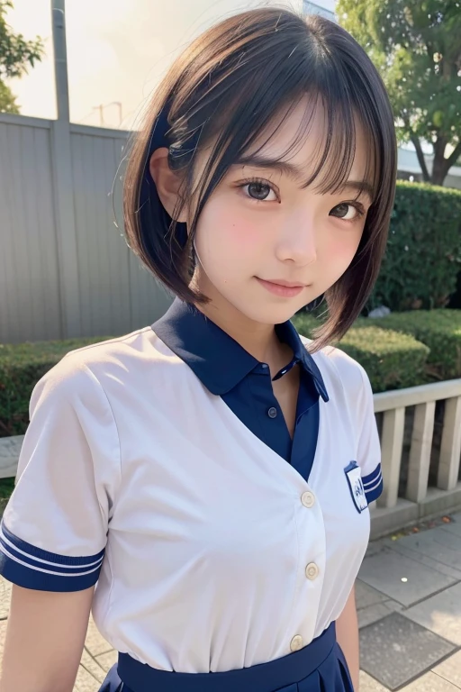 student、brown haired、beautidful eyes、real looking skin、hi-school girl、small tits、(8K、masterpiece)、(reallistic、フォトreallistic)、top-quality、ighly detailed、The ultra-detailliert、Beautie、cute little、japanes、A smile、Close-up portrait、Healthy face、School uniform、plaid skirts