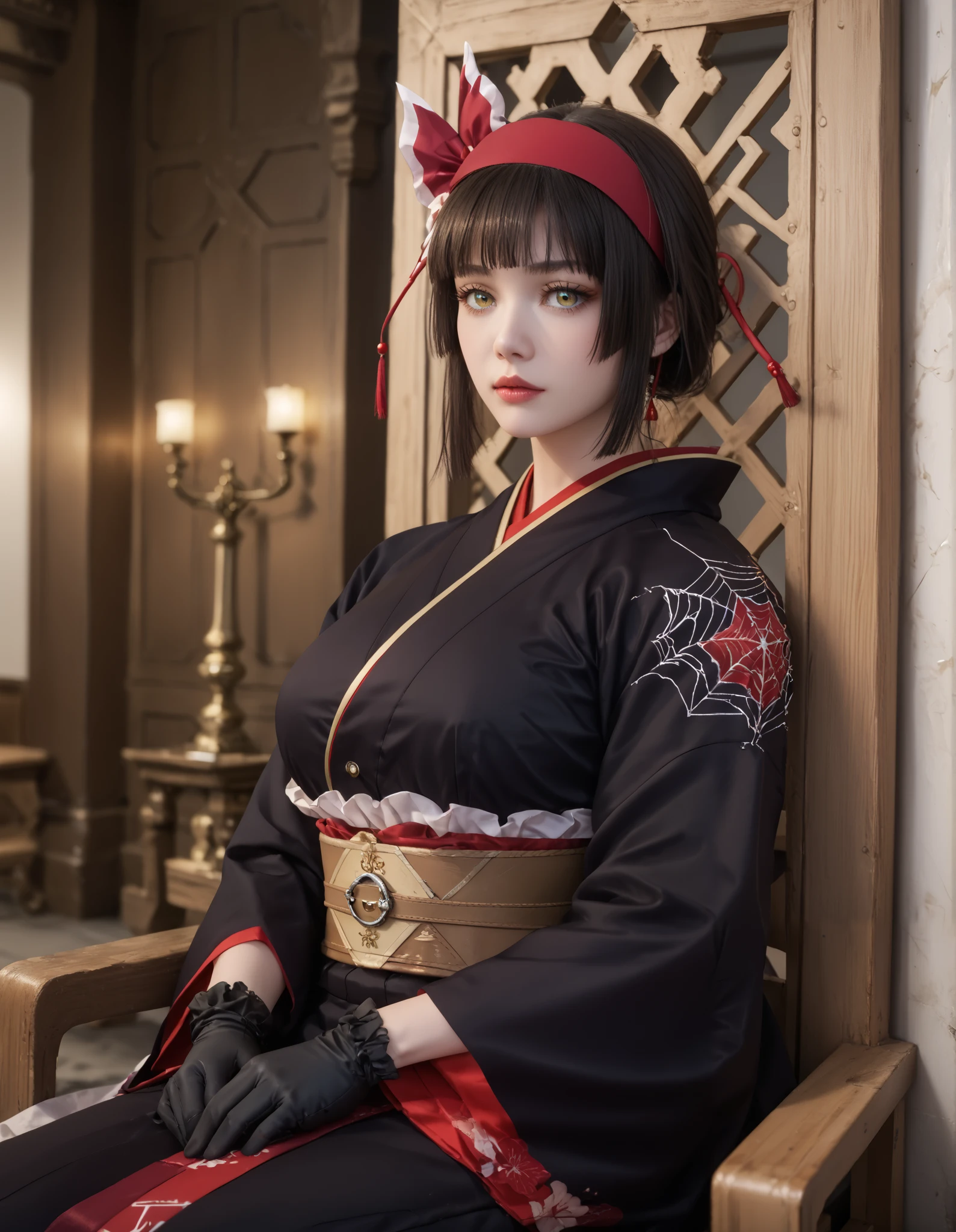 Score_PnyReal,BREAK,1girl, solo, (huge breasts,large breasts:1.2), headband,kimono,obi,gloves ,tsukimio,yellow eyes,black hair,1girl in full growth, , sitting high on a throne, regal expression, long elegant hair, tasteful makeup,