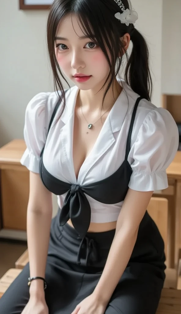 (8k、Raw photographgraphy、masterpiece:1.2)、super detailed、beautiful and detailed face、(slim waist) :1.3),cleavage, 18-year-old,whole body photograph,school uniform,berry button,soaking short underwear,short ponytail,woman