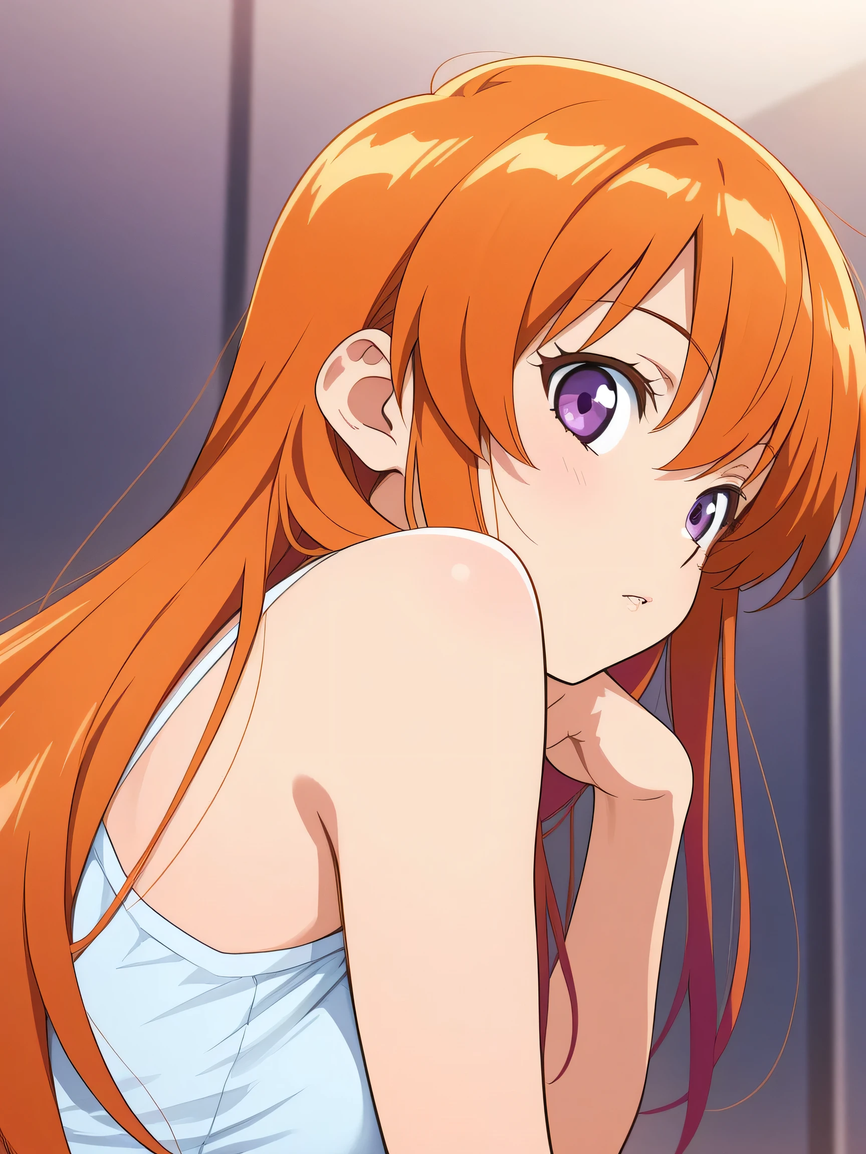 Anime manga girl , Long orange hair and purple eyes