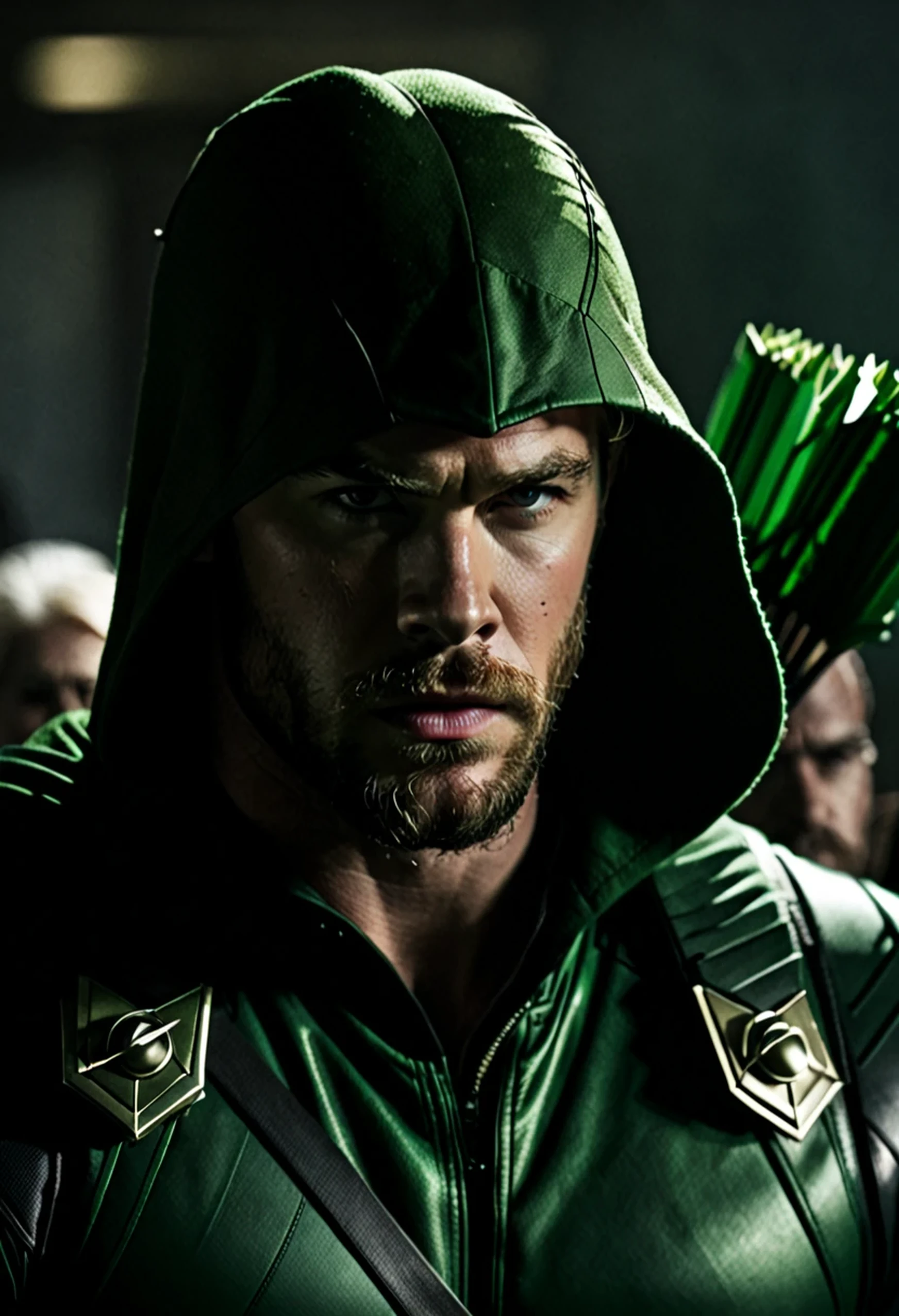 cinematic image of chris hemsworth as Green Arrow live action, Van Dyke beard