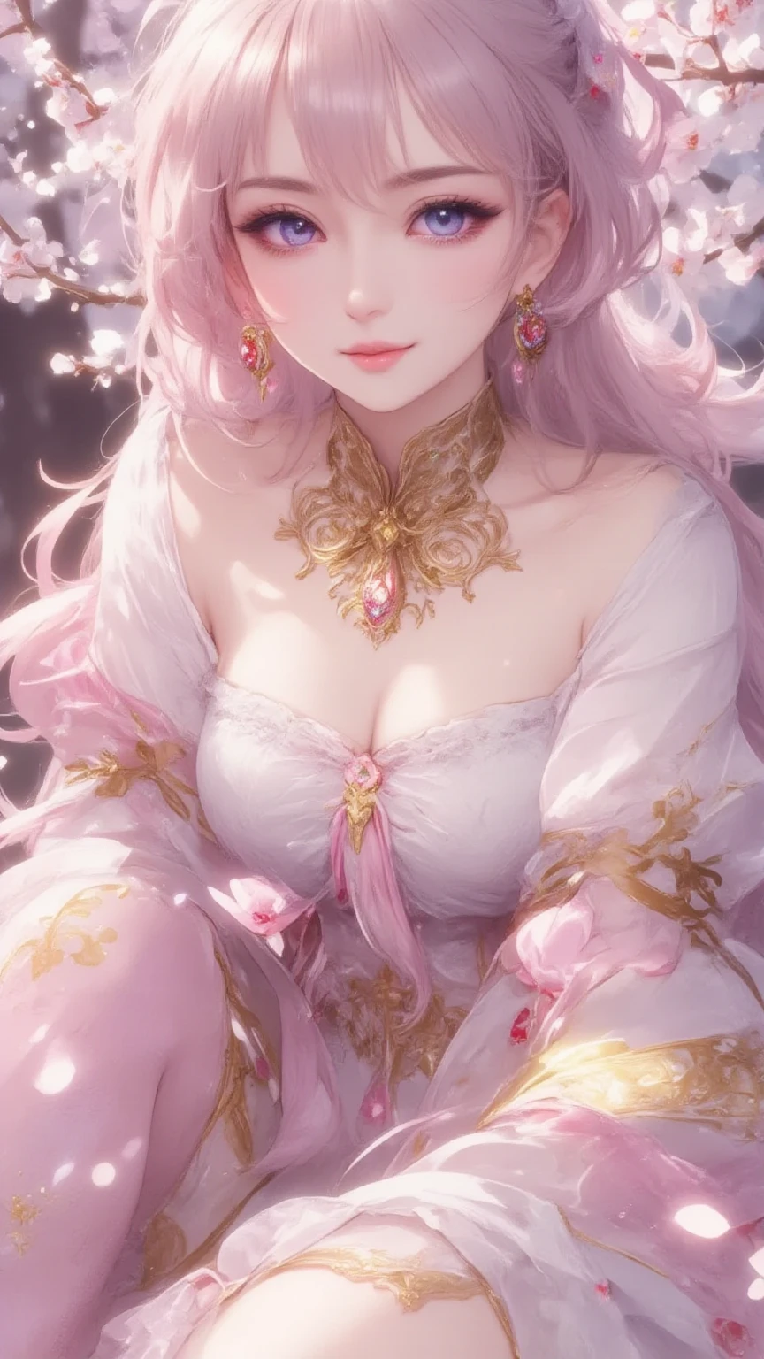 anime, enchanting pink hair, alluring focus on crotch, ample bosom, stunning lace gown) celestine lucullus, elf