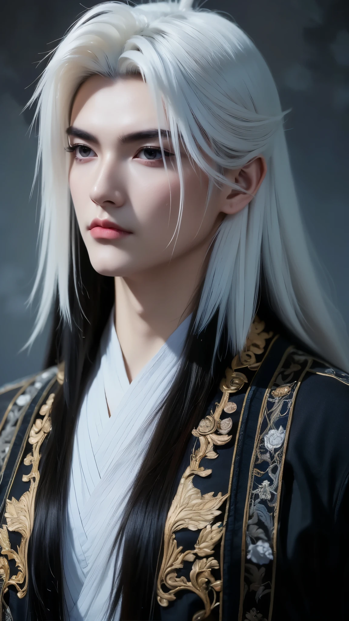 A beautiful portrait of Vuong Lam, exuding a cold, majestic demeanor mixed with a hint of loneliness. His deep, dark blue eyes reflect resilience, experience and an inscrutable inner world, representing a man whose life has been shaped by countless challenges but remains steadfast. His handsome, sharp face exudes determination and intelligence. He has long flowing black or white hair styled in the ancient Xianxia style, enhancing his ethereal appearance. He wore an exquisite Xianxia-style outfit that radiated power and elegance. His outfit is in the style of the Xianxia and has blue embroidered edges, layered under a dark gray overcoat decorated with intricate sunken patterns. The color palette—black, brown, and gray—conveys maturity and mystery, blending perfectly into the world of immortals. The atmospheric background is hazy and ethereal, with subtle energy swirling around him, adding depth to his mysterious aura. The lighting is dramatic, emphasizing his noble yet melancholy presence. Incredibly detailed cinematic compositions, hyper-realistic textures, 8K resolution, fantasy-inspired masterpiece."