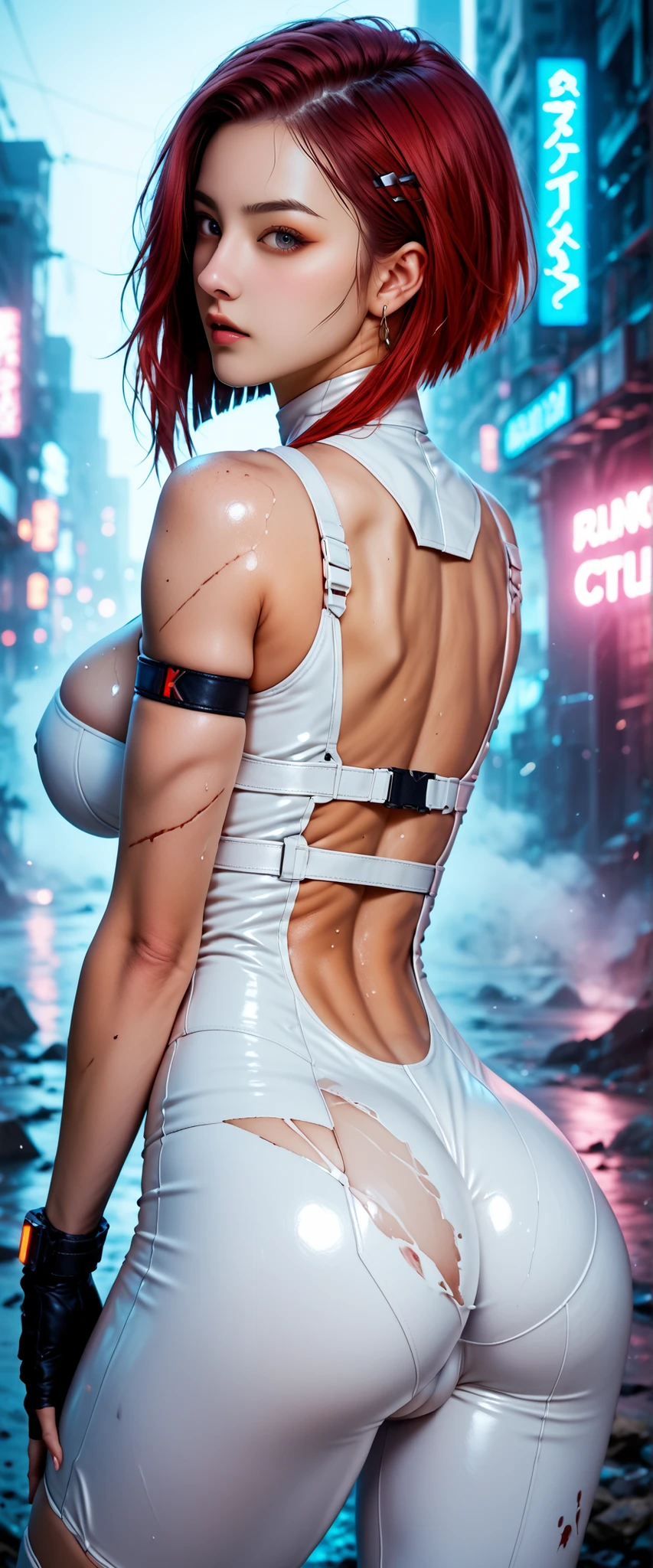 A young woman with short red hair in a side ponytail, her fair skin gleaming with scars and dust, stands on the streets of a ruined cyberpunk city. Her eyes are blank, her expression angry yet emotionless, while her head is tilted to the sky, as if challenging fate.
She is wearing a tight white bodysuit, revealing her technologically enhanced body, covered in wounds and fatigue. Neon lights illuminate the ruins around her, creating a stark contrast between the splendor of technology and the crumbling world. Fog, dust, and the effects of scan lines and diffraction spikes add to the sense of distortion and destruction.
(cleavage), (white bodysuit:1.1), (large breasts:1.3), (cameltoe:1.1), ((Shaggy Asymmetrical Bob hairstyle:1.3)). (real world:1.1).