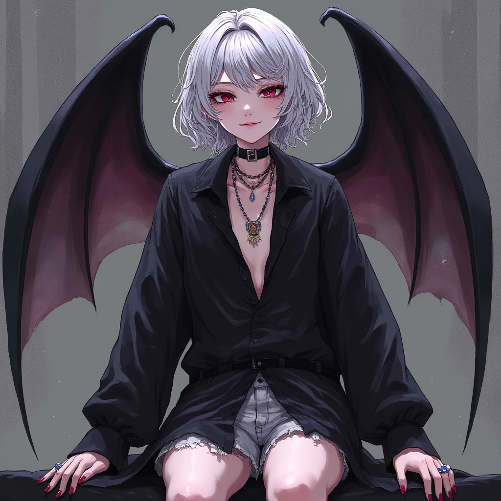 Girl, something like a demon, the biggest proof of this is always the bat wings behind her ears attached to her skull. **She has her hair cut in a short wolf cut and her skin is pale, her eyes are beautiful black and she has dark circles. He has a long jacket that reaches above his ankles, long black pants that are also somewhat baggy, and a collared and sleeveless shirt (black). Hanging from her neck is a necklace with an antique key and her shoes are beautiful black boots (everything about her is spectacular)**
