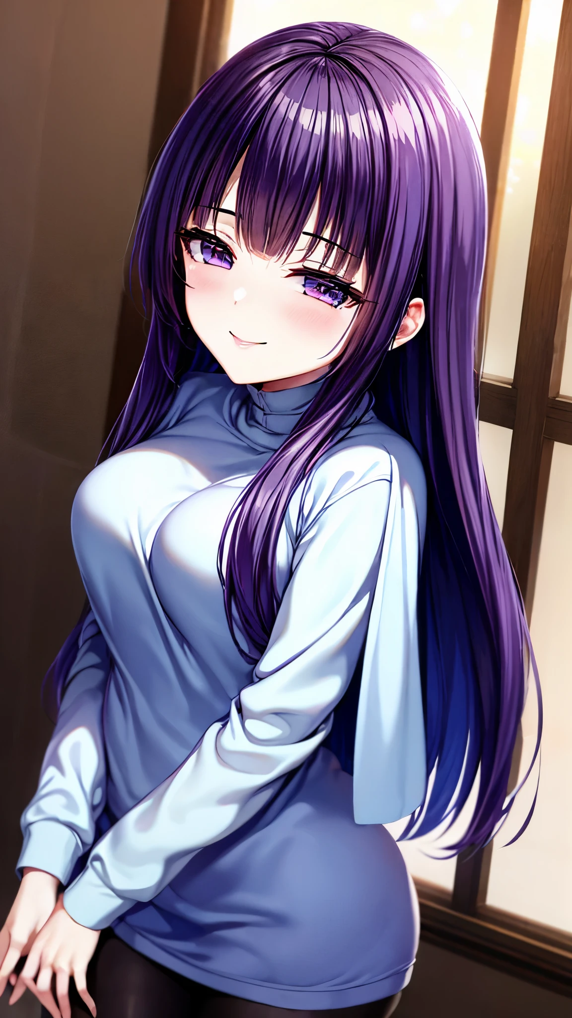 ( Super Quality , Ultra High Resolution,16k,super masterpiece,Ultra HD , detailed shading and background,)sexy older sister, long purple hair,blush,smile, by the window where you can see the starry sky,