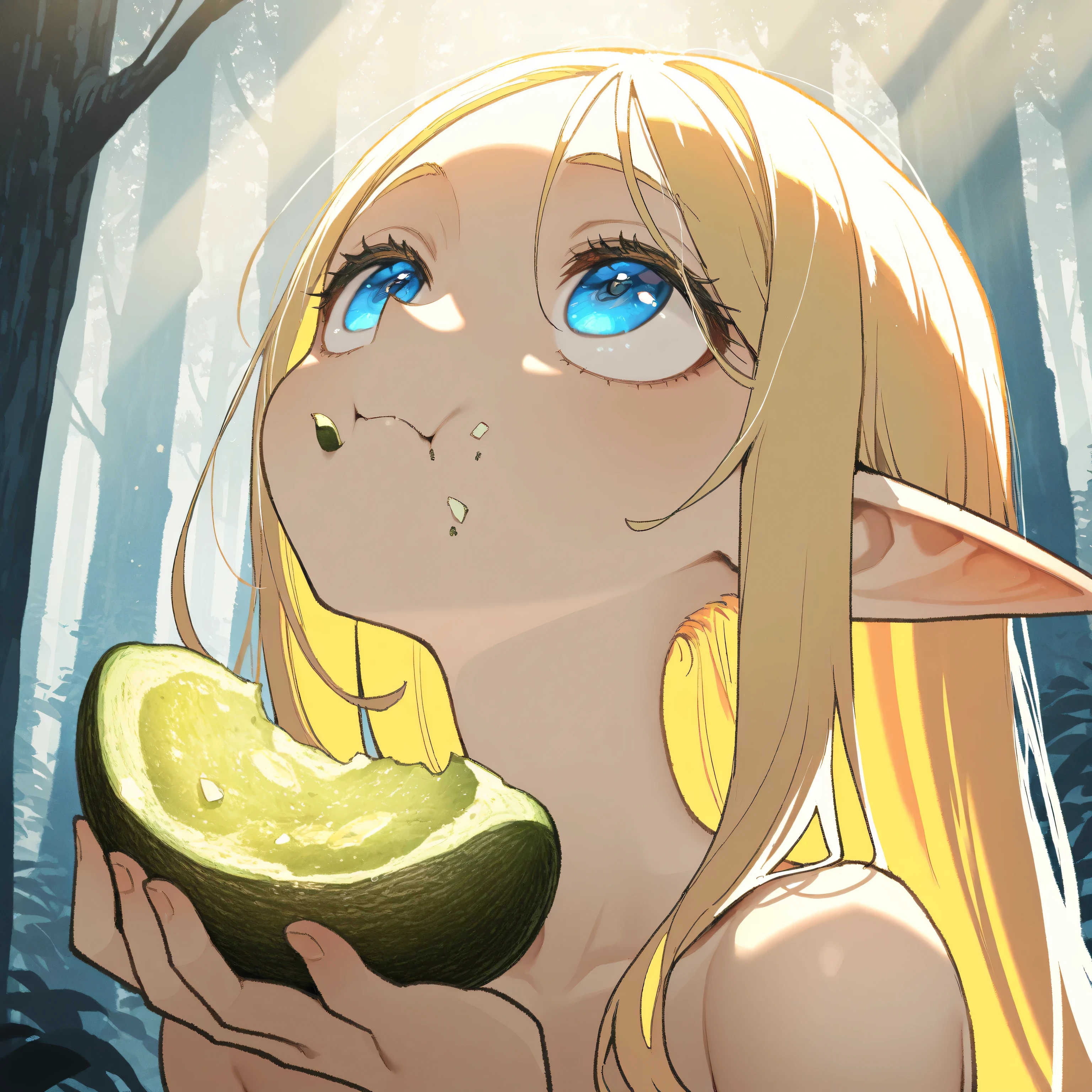 masterpiece、Highest quality、Very detailed、Very detailed、Ultra-realistic、Humorous、A delicate anime-style illustration。Medieval Europe、Cinematic lighting、Fairy donut shop in the deep forest、Beautiful elf woman eating a donut、Chubby body type、Cleavage、Green Dress、Melancholic expression。