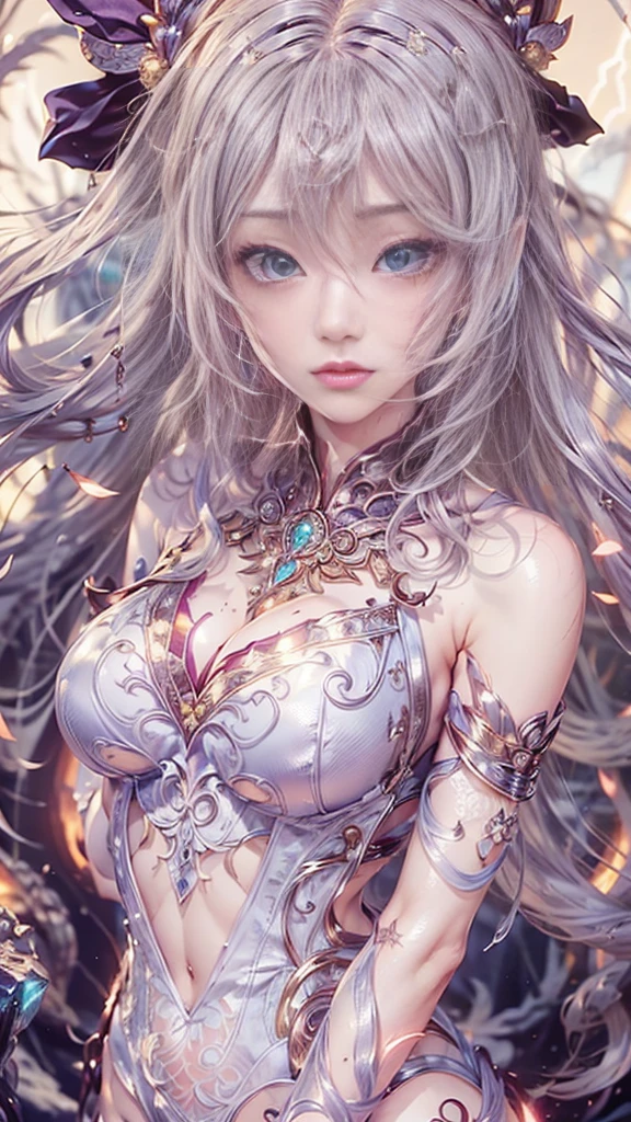 (((Tabletop))), (((Highest quality))), ((Very detailed)), (Very detailed写真), ((Very delicate and beautiful)),(Cute delicate face),here is a digital art of a very futuristic looking female that has armor and armss, One Girl, arms, alone, sf, Holding, Holding arms, robot,Beautiful face and eyes, double eyelid,Delicate skin,Slim figure、Dress and armor