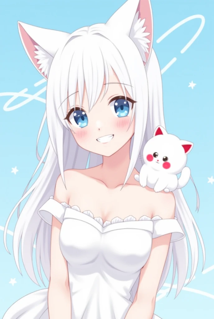 Generate a cute anime female version of the image with these details:
Catgirl theme: white cat ears, blue eyes, and long white hair.
Softer features: More feminine face with a grin.
Small white cat companion with red eyes: Present on the right shoulder.
Outfit: A white, princess-style top to match the theme.
Background: blue with white lines going in random directions