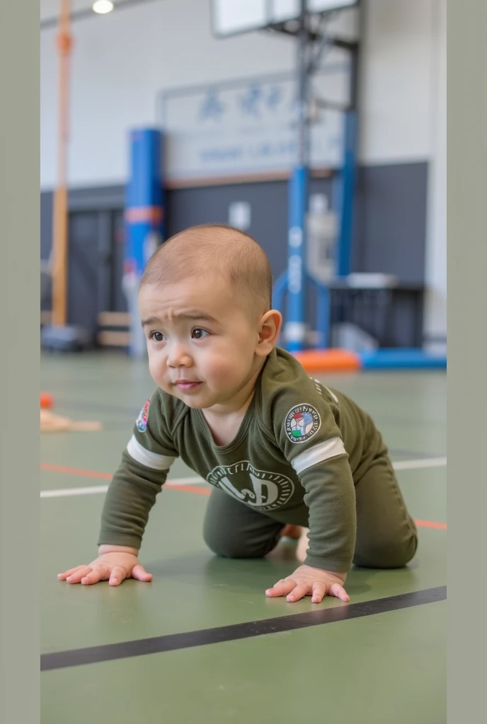 baby, with jiu-jitsu kimono, Grinning