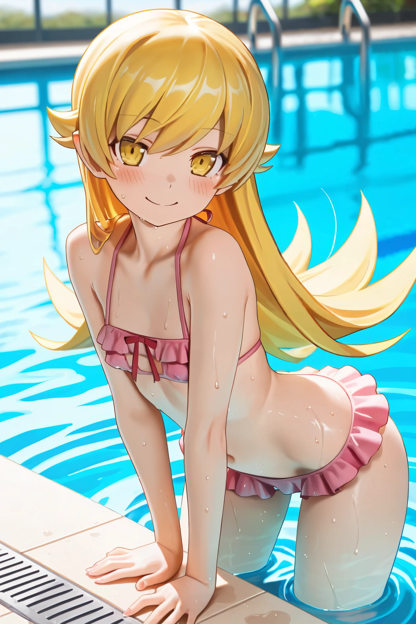 (4k, best quality, masterpiece:1.2), (nsfw), (detailed and beautiful face:1.3), one 18 year old girl, (kagamine rin working as a stripper:1.4), nature setting, lake background, smiling lustfully and devilishly, yellow hair, (fully naked, naked breasts, :1.2), fully naked, sexy sensual atmosphere, naked pussy