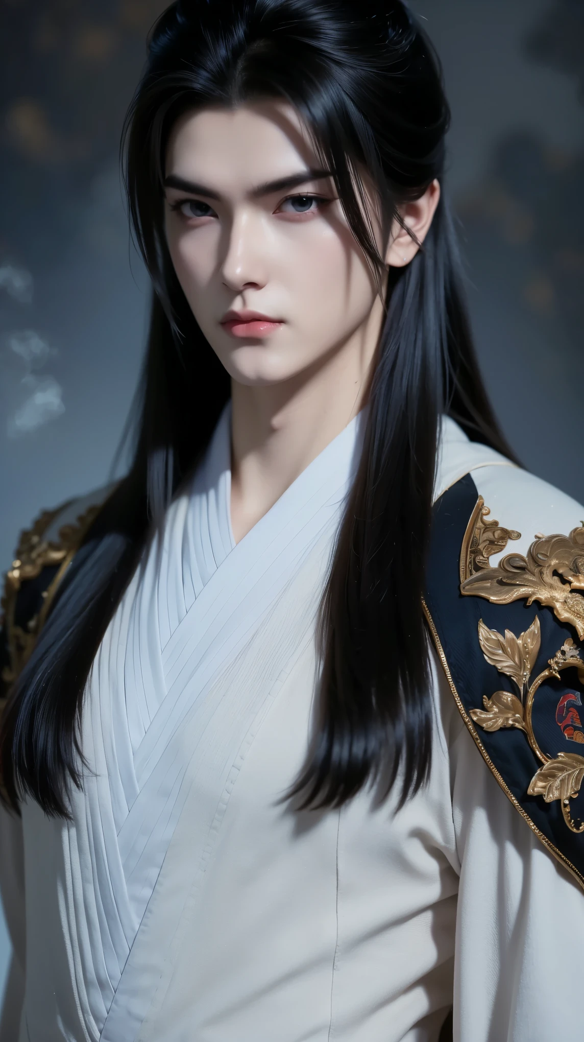A beautiful portrait of Vuong Lam, exuding a cold, majestic demeanor mixed with a hint of loneliness. His deep, dark blue eyes reflect resilience, experience and an inscrutable inner world, representing a man whose life has been shaped by countless challenges but remains steadfast. His handsome, sharp face exudes determination and intelligence. He has long flowing black or white hair styled in the ancient Xianxia style, enhancing his ethereal appearance. He wore an exquisite Xianxia-style outfit that radiated power and elegance. His outfit is in the style of the Xianxia and has blue embroidered edges, layered under a dark gray overcoat decorated with intricate sunken patterns. The color palette—black, brown, and gray—conveys maturity and mystery, blending perfectly into the world of immortals. The atmospheric background is hazy and ethereal, with subtle energy swirling around him, adding depth to his mysterious aura. The lighting is dramatic, emphasizing his noble yet melancholy presence. Incredibly detailed cinematic compositions, hyper-realistic textures, 8K resolution, fantasy-inspired masterpiece."