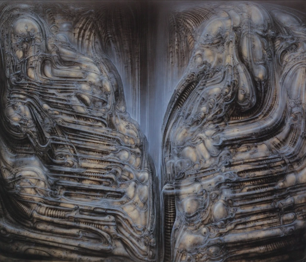 The image is a detailed view of H.R. Giger's biomechanical tableau \" Landscape XVI \" plate, featuring.
(airbrush painting, Giger's alien in front of broken alien ship in landscape, natural light, sharp focus, illustration, highly detailed, digital painting, concept art, matte, art by gric and kozhanov and moebius and Alphonse Mucha, masterpiece, HDR ,UHD , uplight, in HRGigerArhP style);1.
surrealistic painting of a monster with multiple tentacles and a body that looks like a brain, surrounded by a chaotic scene of swirling clouds and other monsters
 It's a complex network of bones and organs in eldritch color scheme:a greenish-brown hue ,swirling gery and brown colors. The artwork is silverish and green brown, with an ivory bones prominently displayed. The image is highly detailed and intricate, almost like a 3d version of a medical sketchwork.   
The piece is a tableau, most likely created with a India ink pen or pencil on paper, determined by the thin lines, shading techniques, and the texture of the paper, which is visible around the edges.
Used is pen, given the shading and variations in line weight visible in the image. Artist have used a variety of stylus with different degrees of hardness to achieve the shading effects.
 The use of undersaturated green-grays dark contrasts creates a stark and graphic look. Is used a variety of linework techniques to create different textures. Fine, parallel lines create a smooth, metallic texture,while thicker, more cursive lines suggest cables or wires.
Light source from the top highlights skeletals, pper part of foreground, lower part of image is in shadowupper part of foreground, lower part of image is in shadow.
The art performance showcases the artist’s skills in observation and rendering. The level of detail in the piece suggests a close study of real bone specimens and mechanics. The artist has skillfully used shading techniques to create a convincing illusion of three-dimensionality on a flat surface. The wrinkles 