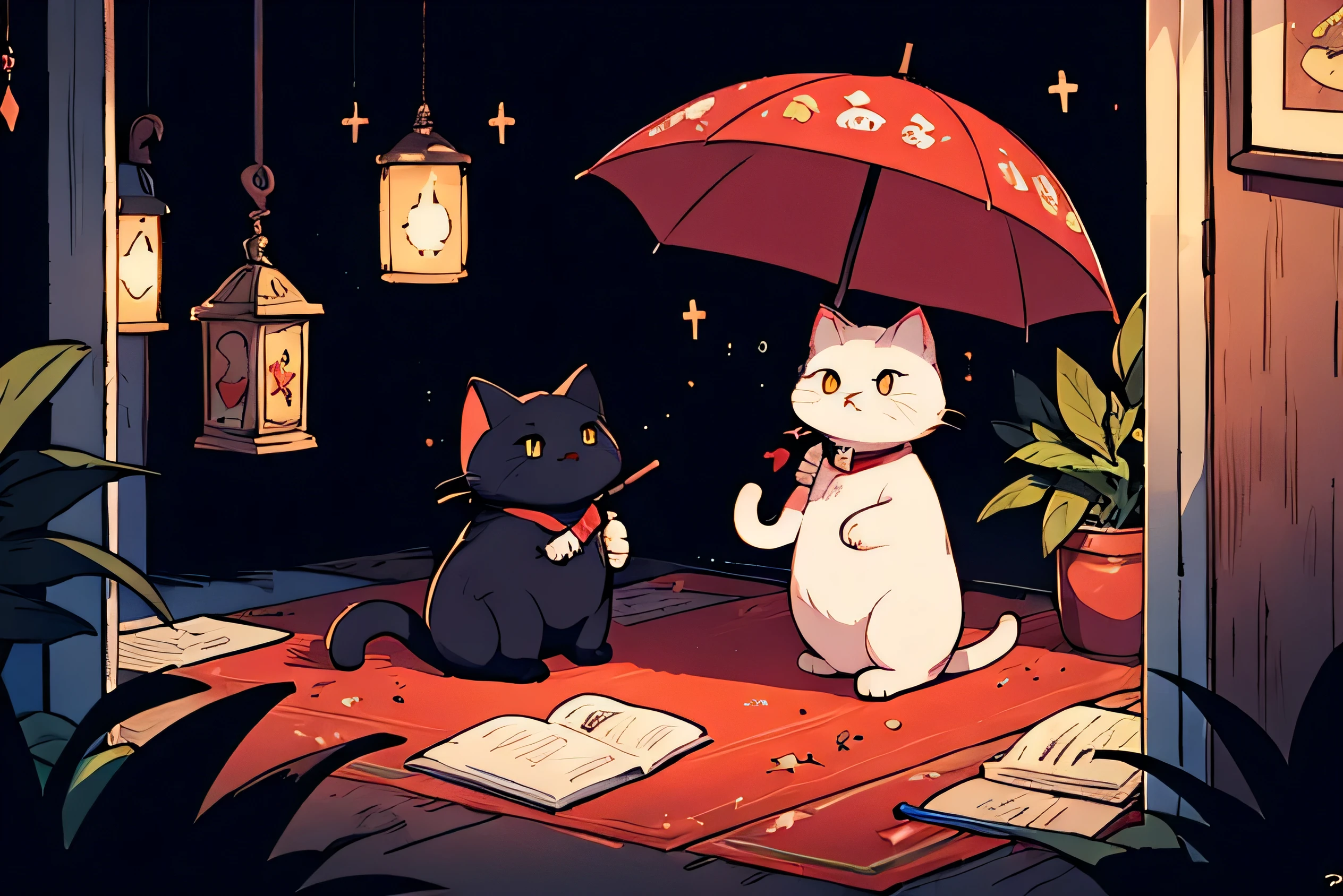 Cat holding an umbrella in a dark room