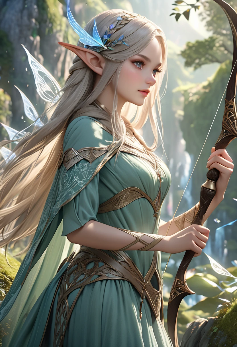A stunningly realistic elf maiden, with intricate elven attire, drawing a finely detailed bow, surrounded by ethereal magical elements, set in a grand, lifelike fantasy world, UHD, retina, masterpiece, accurate, textured skin, super detail, high details, high quality, highres, best quality