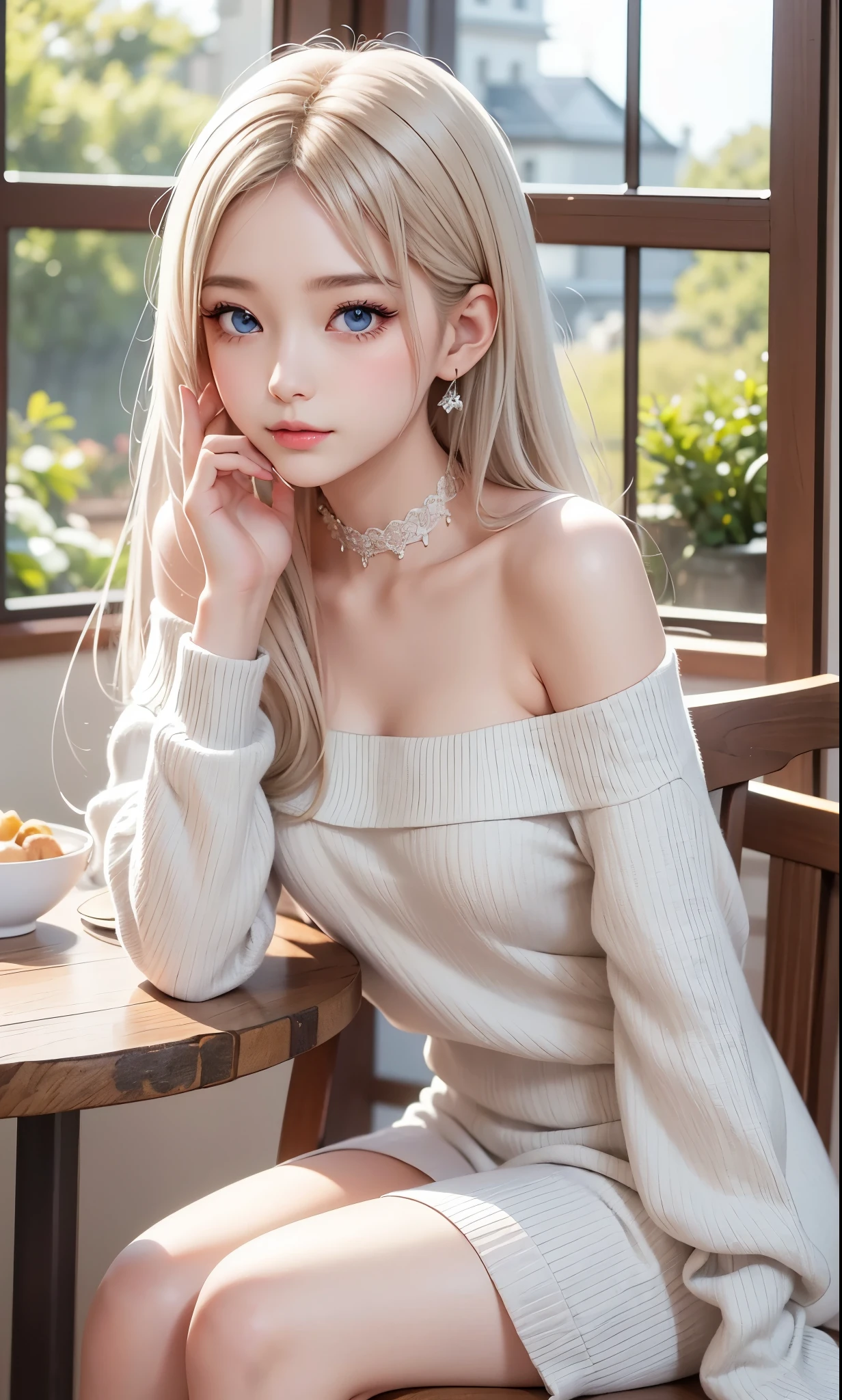 There is a woman in a white dress, artwork in the style of Gwaiz, Gwaiz on pixiv artstation, Gwaiz on artstation pixiv, Gwaiz, Fantasy art style, Gwaiz masterpiece, Beautiful and elegant queen, Beautiful character drawings, Detailed digital anime art, Blonde Princess, Gray Hair, Sky blue eyes, Pink Lips, off shoulder sweater, cool girl face, beautiful eyes, face type, reika, table, sitting