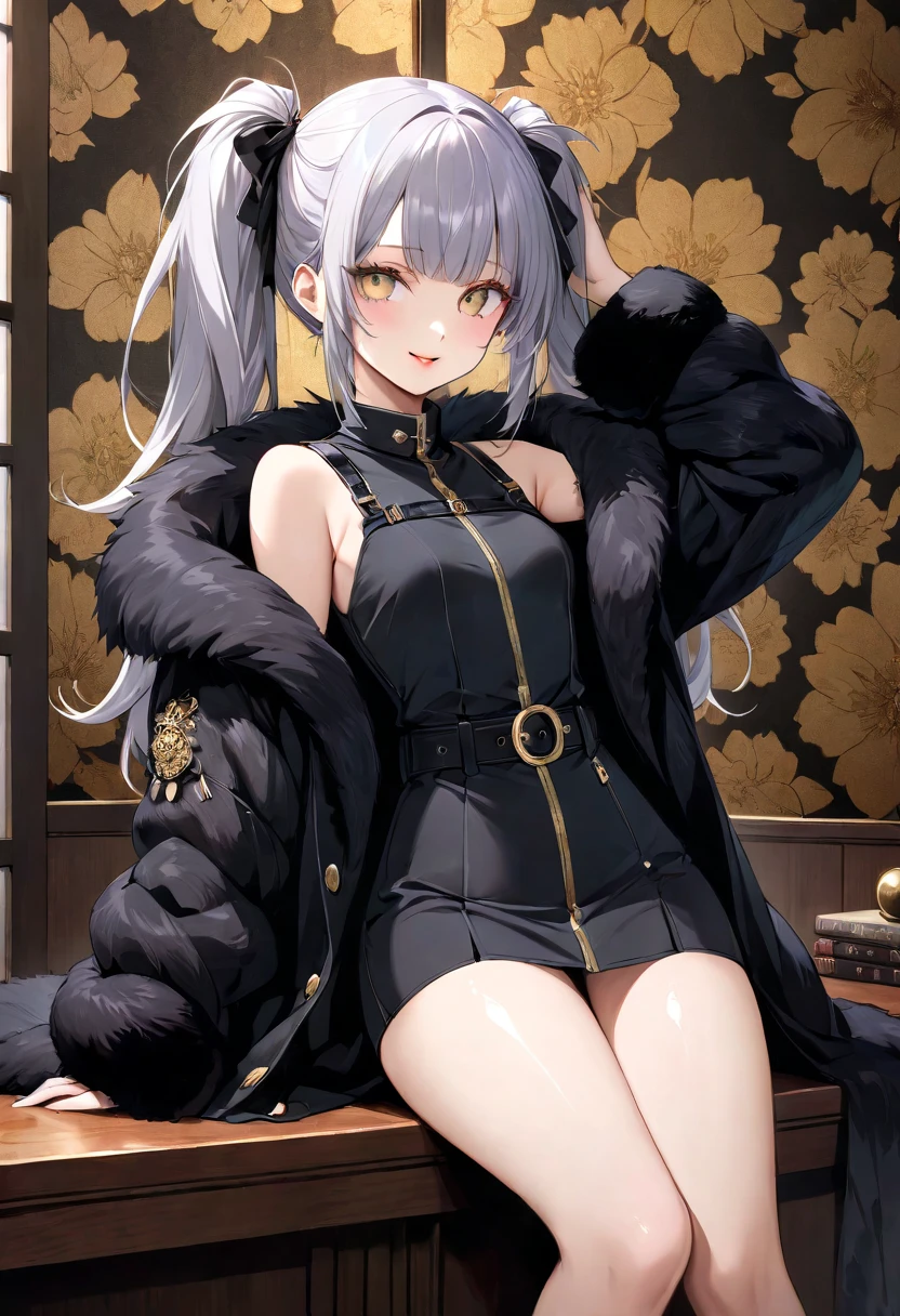 Long white hair, all-black full-body cheongsam, obvious eyeliner, large breasts, cat ears and cat tail