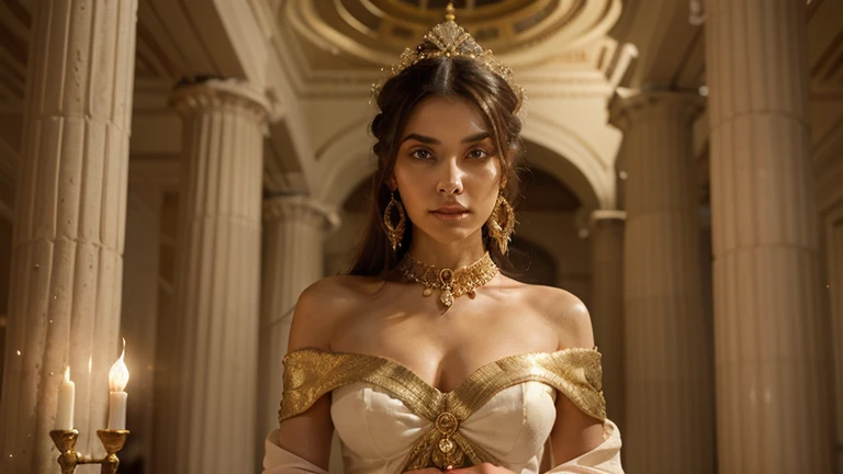 Generate an image of a Greek woman, with a noble and serene appearance, featuring classical features and a firm gaze. Let her attire reflect ancient Greek culture, with elegant folds and perhaps a crown of leaves or details indicating her status. The posture should be upright, conveying strength and dignity. Colors and details can draw inspiration from sculptures and paintings of the classical Greek era to achieve authenticity and realism in the portrayal."
