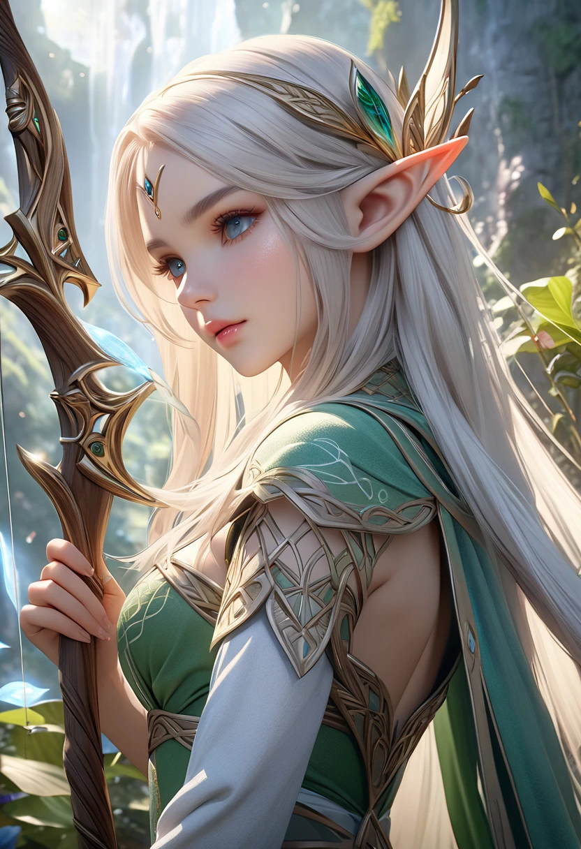 A stunningly realistic elf maiden, with intricate elven attire, drawing a finely detailed bow, surrounded by ethereal magical elements, set in a grand, lifelike fantasy world, UHD, retina, masterpiece, accurate, textured skin, super detail, high details, high quality, highres, best quality