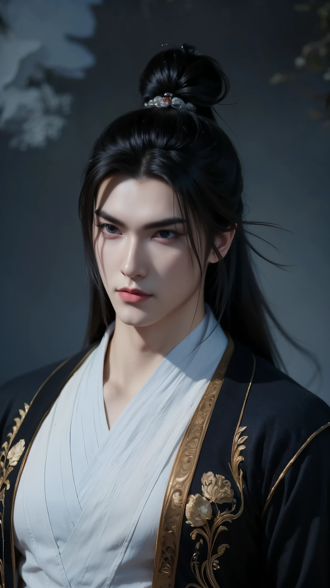 A beautiful portrait of Vuong Lam, exuding a cold, majestic demeanor mixed with a hint of loneliness. His deep, dark blue eyes reflect resilience, experience and an inscrutable inner world, representing a man whose life has been shaped by countless challenges but remains steadfast. His handsome, sharp face exudes determination and intelligence. He has long flowing black or white hair styled in the ancient Xianxia style, enhancing his ethereal appearance. He wore an exquisite Xianxia-style outfit that radiated power and elegance. His outfit is in the style of the Xianxia and has blue embroidered edges, layered under a dark gray overcoat decorated with intricate sunken patterns. The color palette—black, brown, and gray—conveys maturity and mystery, blending perfectly into the world of immortals. The atmospheric background is hazy and ethereal, with subtle energy swirling around him, adding depth to his mysterious aura. The lighting is dramatic, emphasizing his noble yet melancholy presence. Incredibly detailed cinematic compositions, hyper-realistic textures, 8K resolution, fantasy-inspired masterpiece."