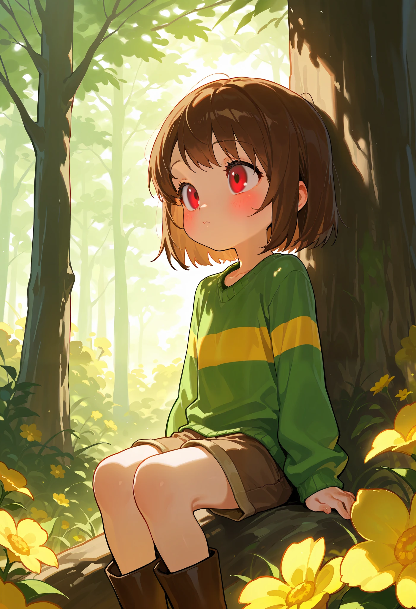 solo, score 9, score 8, score 7, Best quality::2.5, artwork::2.5, Masterpiece::2.5, Beautiful features, good anatomy, anime look, beautiful details, Atmospheric features, Close up, detailed eyes, Rodecchi, , Chara undertale, short brown hair, straight hair, red eyes, pink cheeks, green crewneck with yellow stripe, long sleeves, Brown shorts, brown boots. BREAK. Standing, Whole body, yellow flowers, forest. BREAK. Sitting looking at the view,