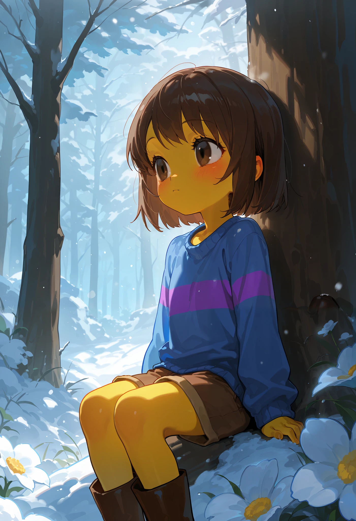 solo, score 9, score 8, score 7, Best quality::2.5, artwork::2.5, Masterpiece::2.5, Beautiful features, good anatomy, anime look, beautiful details, Atmospheric features, Close up, detailed eyes, Rodecchi, , frisk undertale, short brown hair, straight hair, Closed eyes, Yellow skin, Blue crewneck with purple stripes, long sleeves, Brown shorts, brown boots. BREAK. Standing, Whole body, Snow, forest. BREAK. Sitting looking at the view,