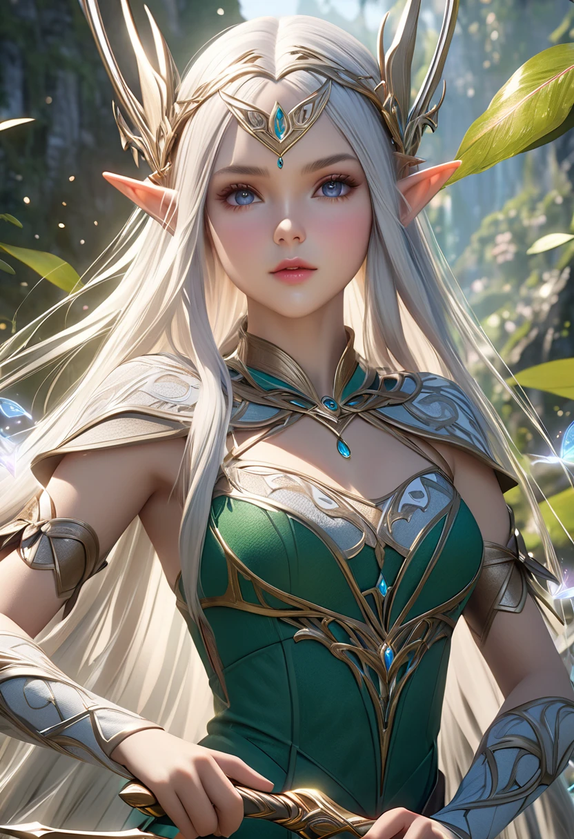 A stunningly realistic elf maiden, with intricate elven attire, drawing a finely detailed bow, surrounded by ethereal magical elements, set in a grand, lifelike fantasy world, UHD, retina, masterpiece, accurate, textured skin, super detail, high details, high quality, highres, best quality