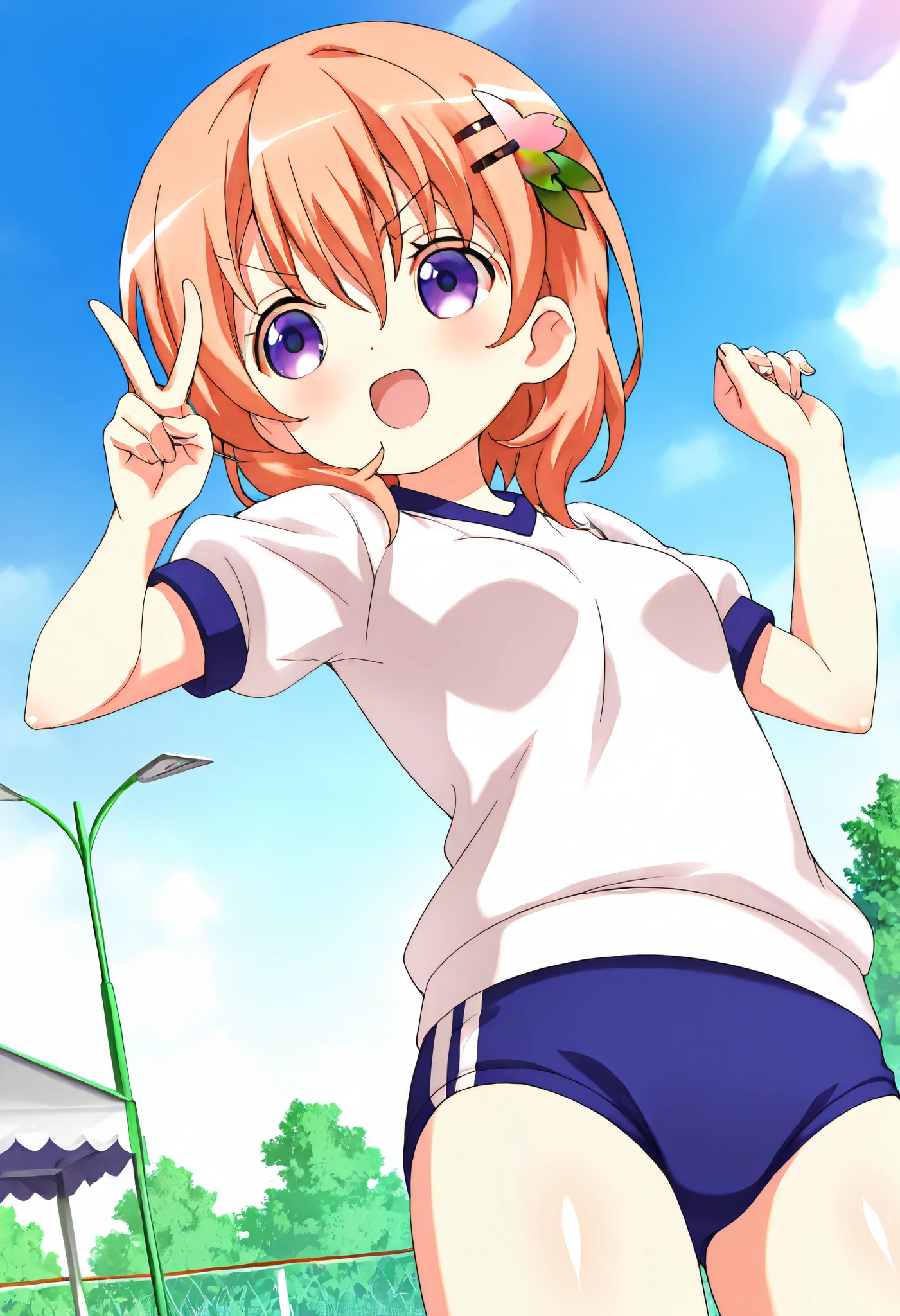 v-shaped eyebrows ,smiling,1girl,solo, Plain school gym uniform, (deep blue buruma) ,cocoa hoto,very cute ,small breasts,Original style, Very high quality, soft to the touch, beautiful,super detailed skin, high resolution, novel illustration, shiny skin,in gochuumon wa usagi desu ka? Style, dynamic pose
