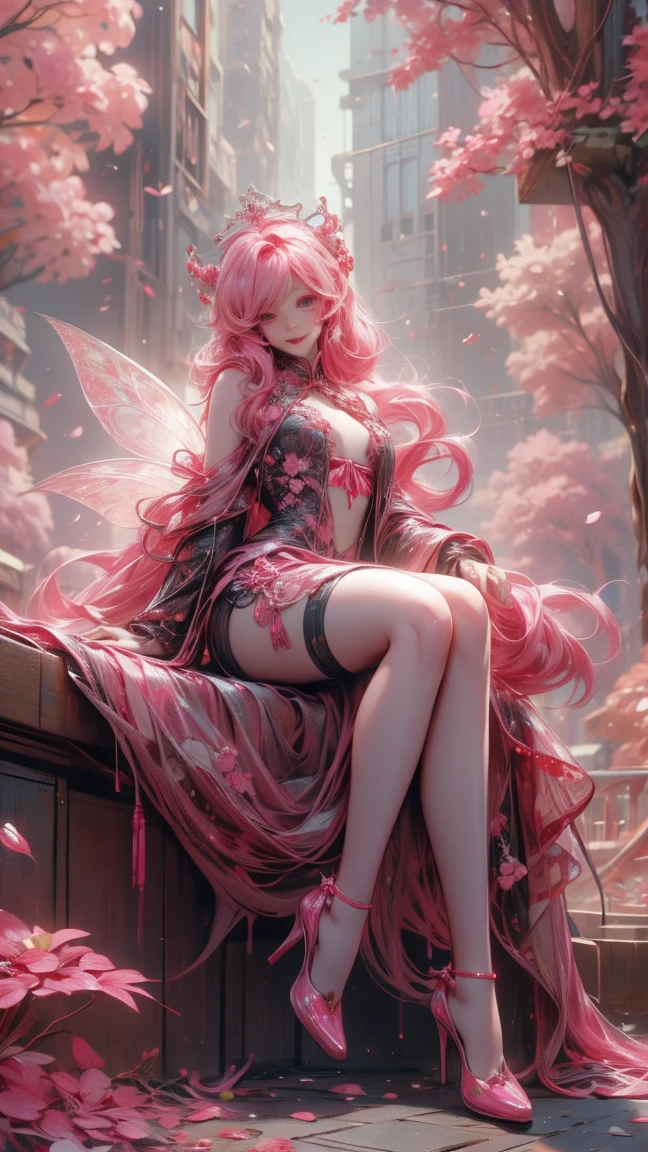 ((best quality)), ((masterpiece)), (detailed), alluring succubus, ethereal beauty, perched on a pink blossom tree, (fantasy illustration:1.3), enchanting gaze, captivating pose, solo girl, delicate butterfly wings, otherworldly charm, mystical sky, (Luis Royo:1.2), (Yoshitaka Amano:1.1), moonlit night, soft colors, (detailed cloudscape:1.3), (high-resolution:1.2) (dragon flying in the sky) long white dress, legs dangling above pond