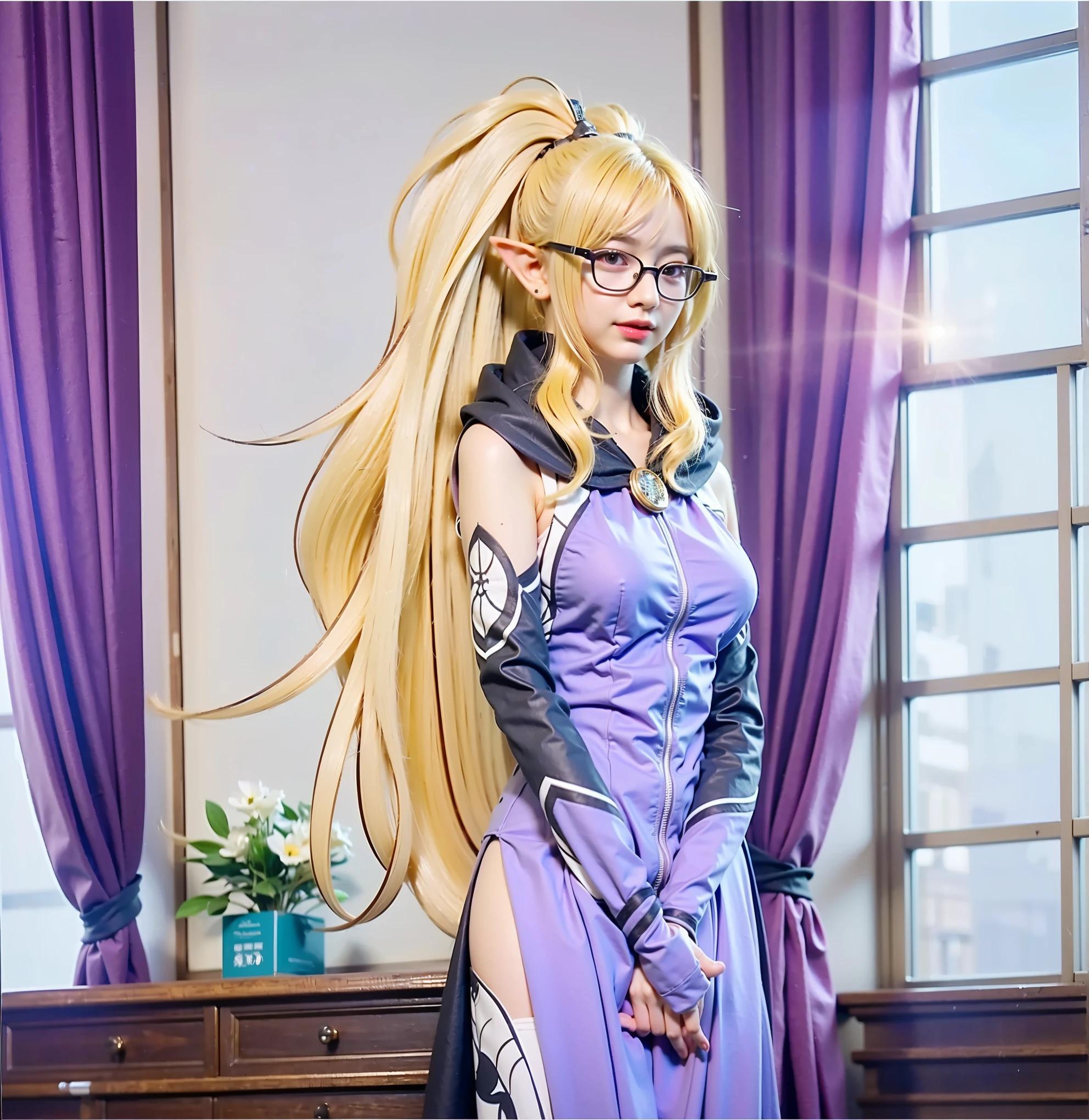 (Completely live action:1.37), (Amazingly realistic textures:1.37), (masterpiece, best quality:1.2), (8k uhd, 16k, 32k, ultra high res), amazingly realistic skin, amazingly realistic photo, superrealism, (photorealistic:1.37), (RAW photo), ultimately realistic, (ultimately realistic all details), (ultimately realistic all textures), super realistic lighting, super realistic shadow, (japanese girl:1.5), ((young face)), smiling, happy, super realistic face, ultimately realistic skin, ultimately realistic eyes, (amazing droopy eye makeup:1.35), ultimately realistic background, ultimately realistic detail up, kkw-ph1, ((yellow hair, glasses, elf ear))