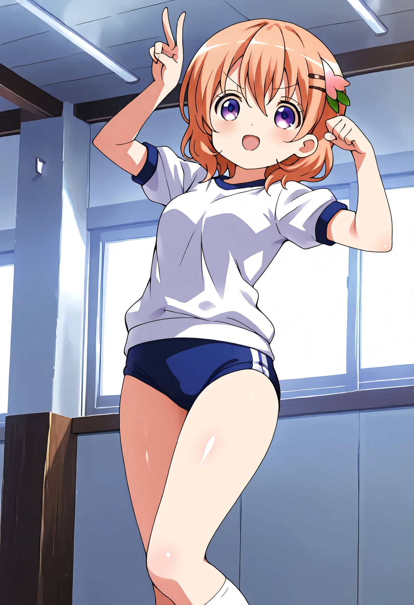 v-shaped eyebrows ,smiling, cute pose ,1girl,solo, Plain school gym uniform, (deep blue buruma) ,cocoa hoto,very cute ,small breasts,Original style, Very high quality, soft to the touch, beautiful,super detailed skin, high resolution, novel illustration, shiny skin,in gochuumon wa usagi desu ka? Style, dynamic pose