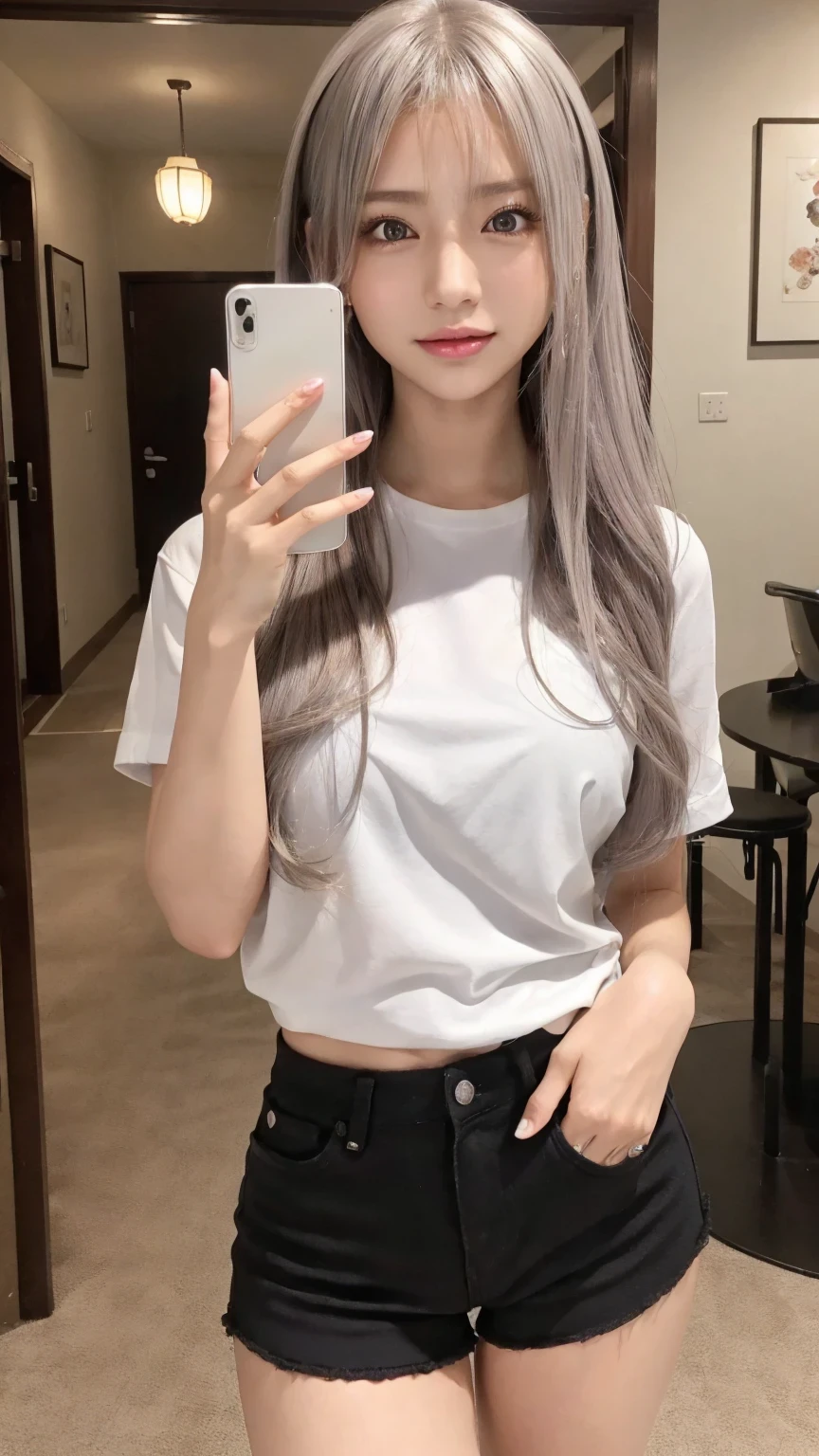  selfies、 Silver Hair、 big eyes、smile、 white camisole、 black shorts 、 long hair, curly hair, masterpiece、 top quality、非常に精細な8k、、 very well detailedな、 very well detailed、Very by Nomi、 by Nomi、 Japanese、1 person&#39;S、High Head Rate、beautiful by Nomi face 、 by Nomi face in every detail、  Attention to Details  ,  by Nomi Hair、 beautiful and realistic hairstyle 、 beautiful by Nomi eyes 、h very well detailed realiStic eyeS、Proportional correct eye 、H very well detailed pupilS、  very well detailed realistic natural eyebrows、 very well detailedリアルな唇、 Beautiful and realistic lips、  have pink lipstick in them、 Sexy Lips、 by Nomi and well-proportioned breaStS、 by Nomi medium Sized breaStS、 Slim Abs、  very well detailed skin 、  Ultra High Resolution ,8k, by Nomi、   PERFECT SENTENCES ,  detailed lighting,  Dramatic shadows ,  ray tracing, 1 person,  Watch the Audience 、Hotel Bedroom