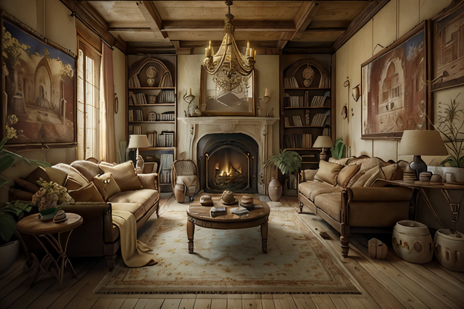 ( bedroom)++, ( Baroque living room with ( Plush sofa and chair ), ( located in the center , single warm fireplace :1.1), ( Soft pillows and blankets ), ( A simple coffee table with a clean empty surface), ( fluffy rug ), (framed paintings with portrait orientation on the wall ), ( vintage curtains ), ( Bookshelf with family photos and books ), ( Decorative lighting ), (Art pottery ), ( Natural wood decor ), ( fresh flowers ), ( standard camera ), ( Wide angle lens )), hidden object game , video game, concept art